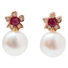 11 Mm White Pearls, Rubies, Diamonds, Rose Gold Flower Earrings.