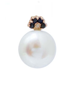 11 Mm White Pearls, Sapphires, Diamonds, 14 Karat Rose Gold Earrings.