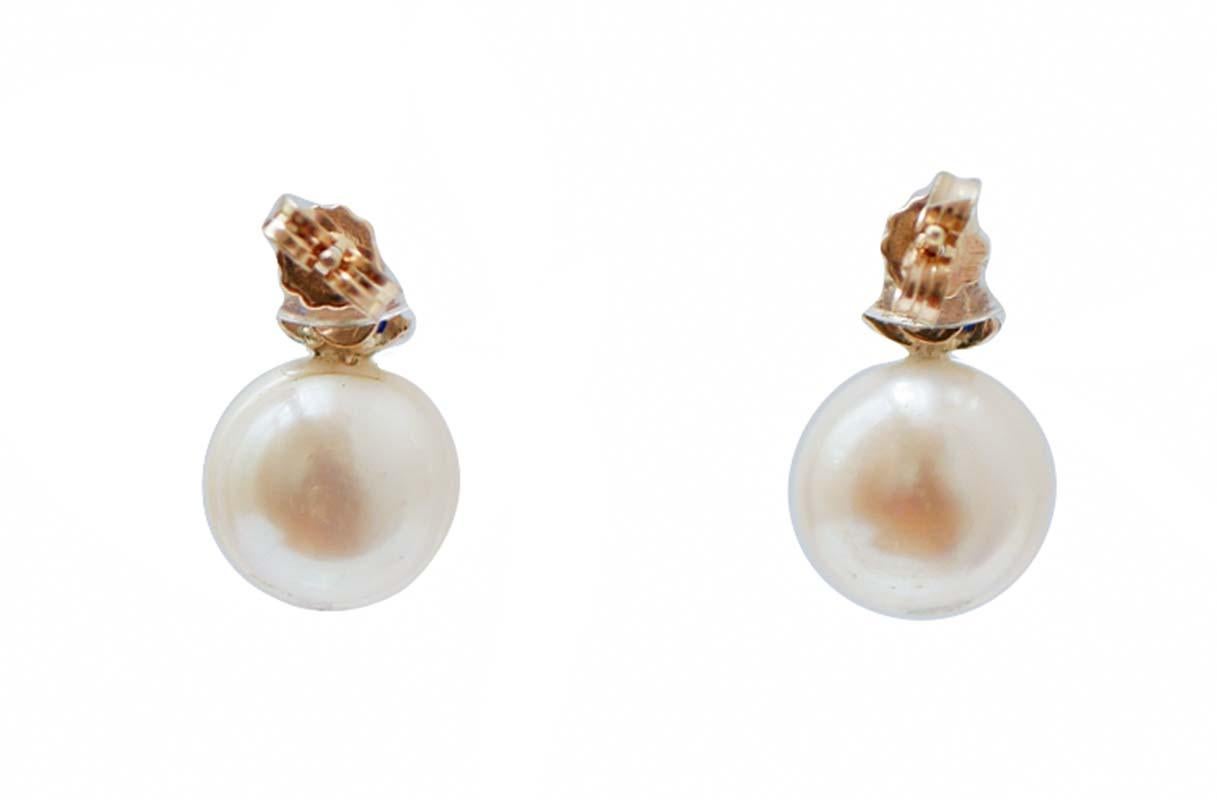Retro 11 Mm White Pearls, Sapphires, Diamonds, 14 Karat Rose Gold Earrings.