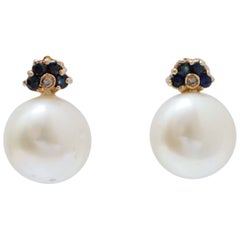 11 Mm White Pearls, Sapphires, Diamonds, 14 Karat Rose Gold Earrings.