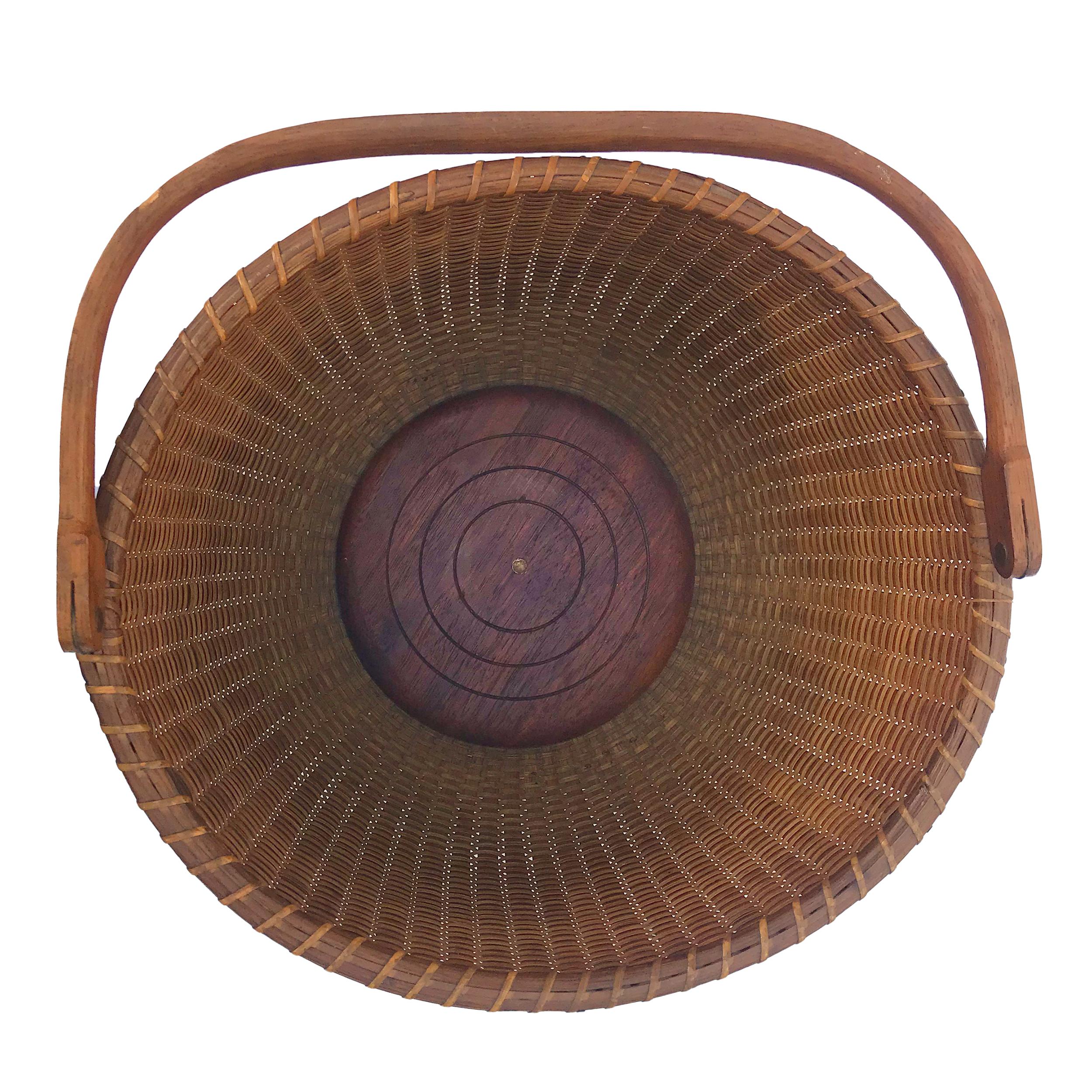Folk Art Open Round Nantucket Lightship Basket with Original Paper Label For Sale