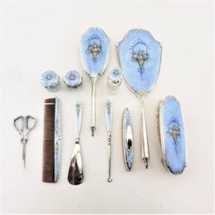 11 Piece Antique Sterling Silver & Blue Guilloche Enamel Ladies Dresser Set