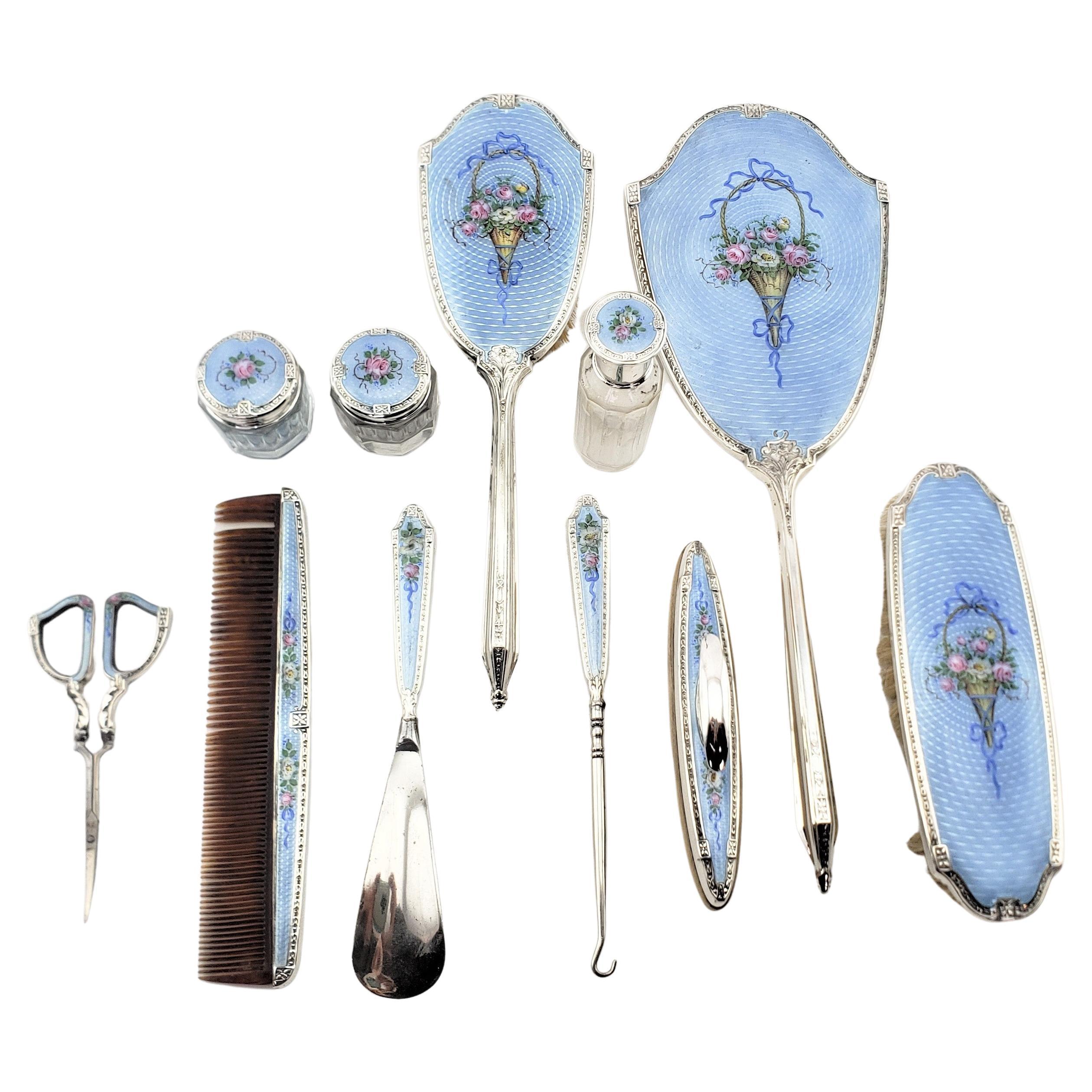 11 Piece Antique Sterling Silver & Blue Guilloche Enamel Ladies Dresser Set