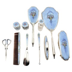 11teiliges antikes Damen-Kommoden-Set aus Sterlingsilber und blauer Guilloche-Emaille