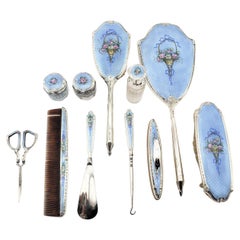 11 Piece Antique Sterling Silver & Blue Guilloche Enamel Ladies Dresser Set