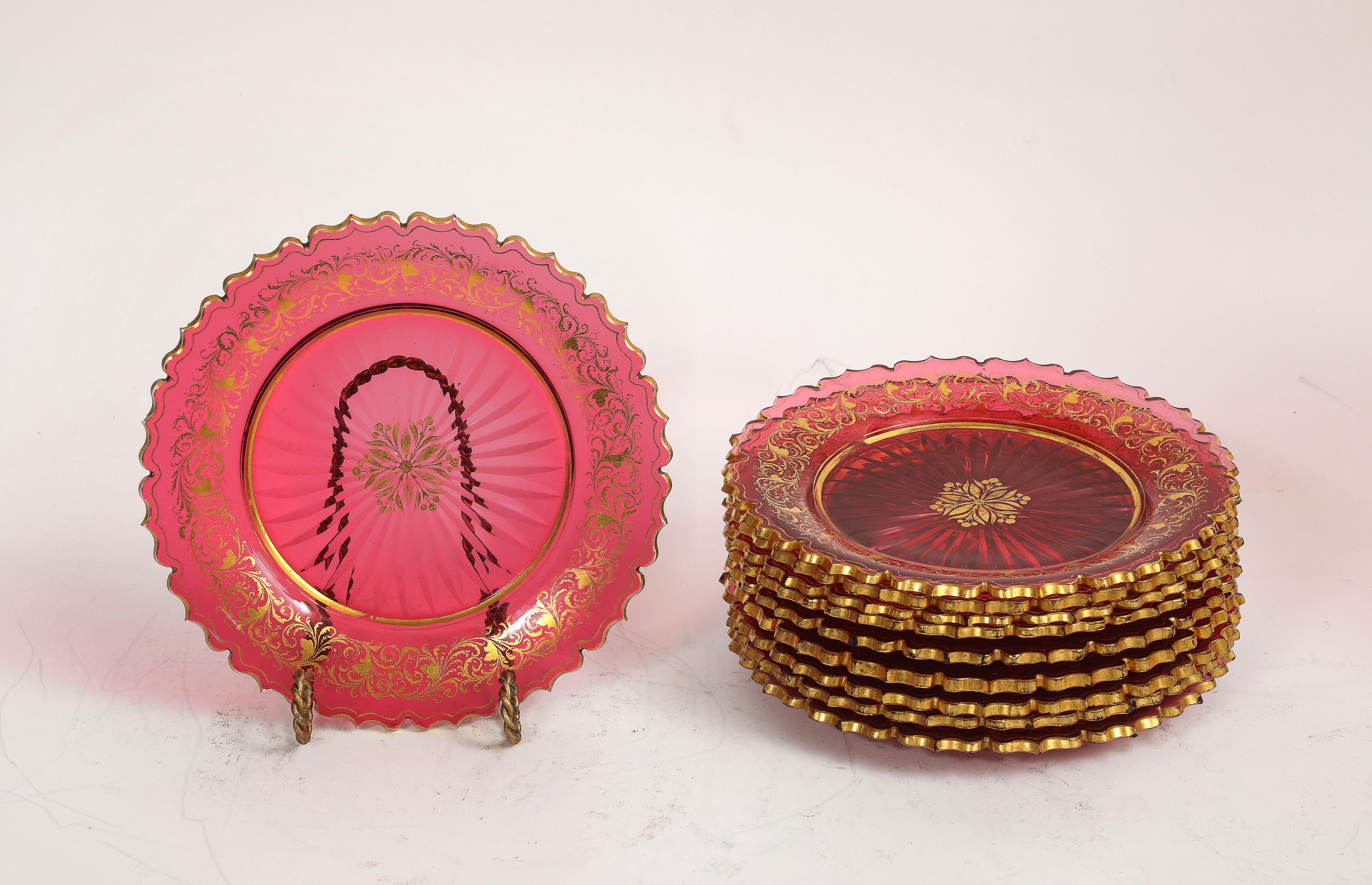 11 Piece Baccarat Cranberry-Red Crystal 2-Tier Cake Stand with Matching Plates For Sale 4