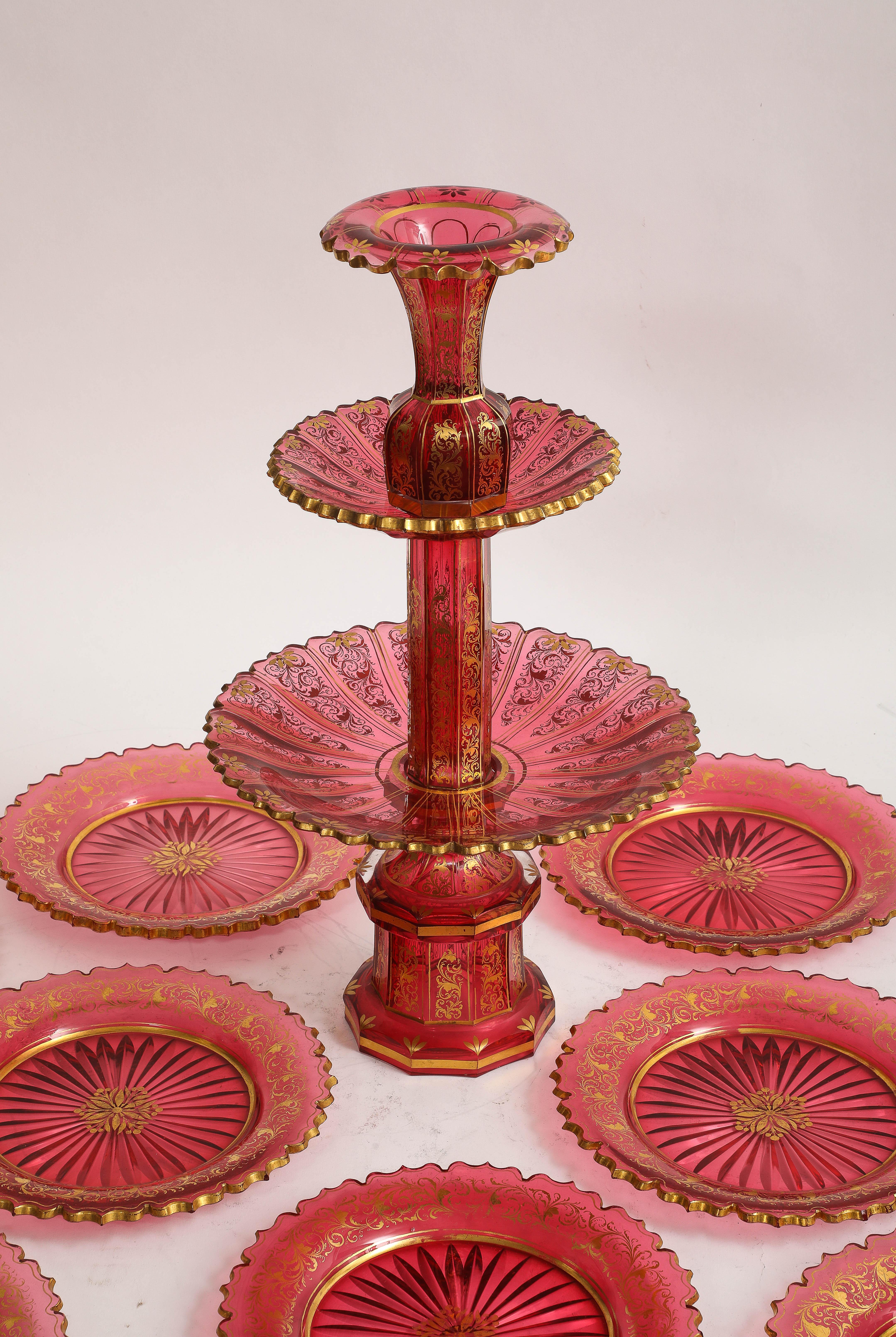 11 Piece Baccarat Cranberry-Red Crystal 2-Tier Cake Stand with Matching Plates For Sale 6