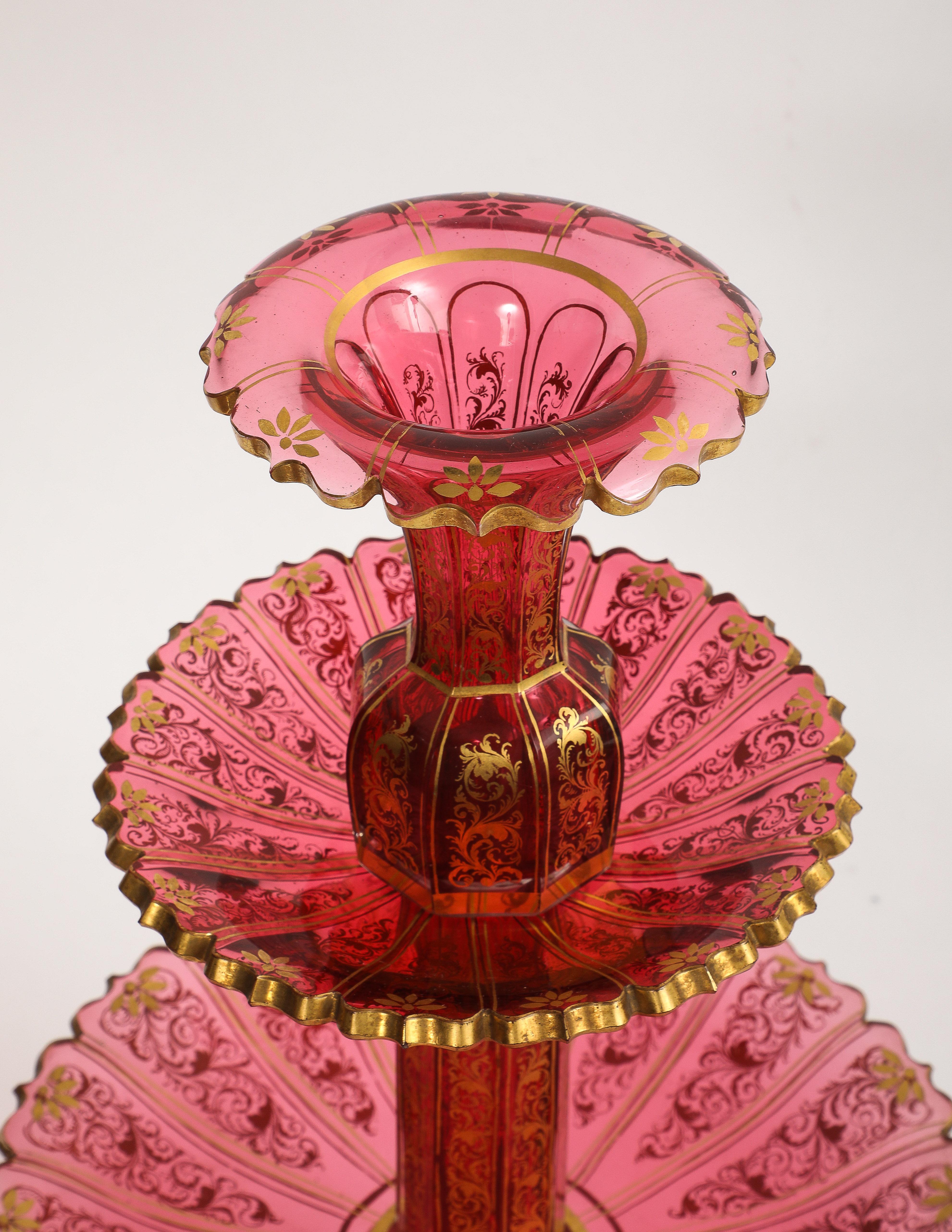 11 Piece Baccarat Cranberry-Red Crystal 2-Tier Cake Stand with Matching Plates For Sale 9