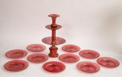 11 Piece Baccarat Cranberry-Red Crystal 2-Tier Cake Stand with Matching Plates