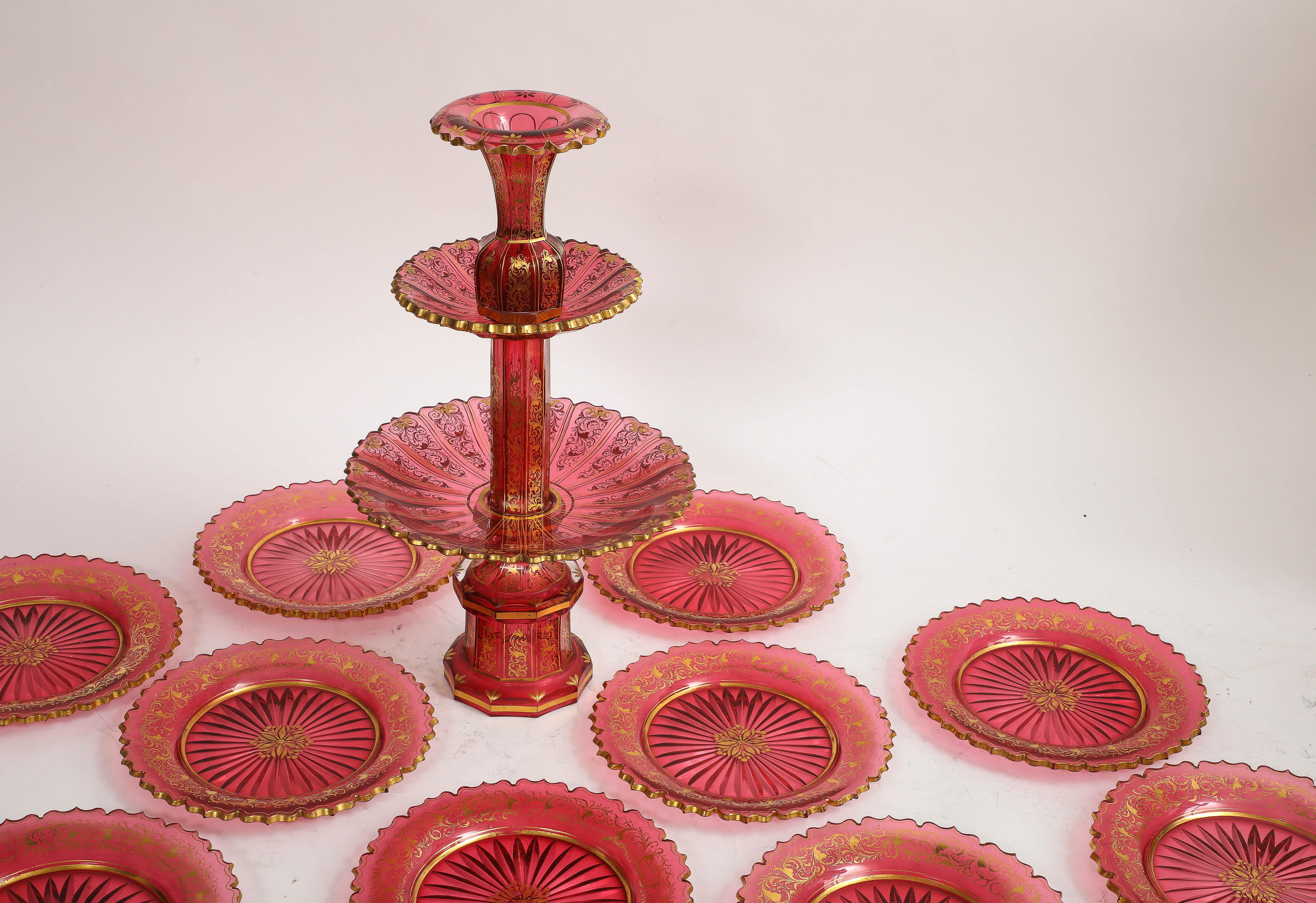 Louis XVI 11 Piece Baccarat Cranberry-Red Crystal 2-Tier Cake Stand with Matching Plates For Sale