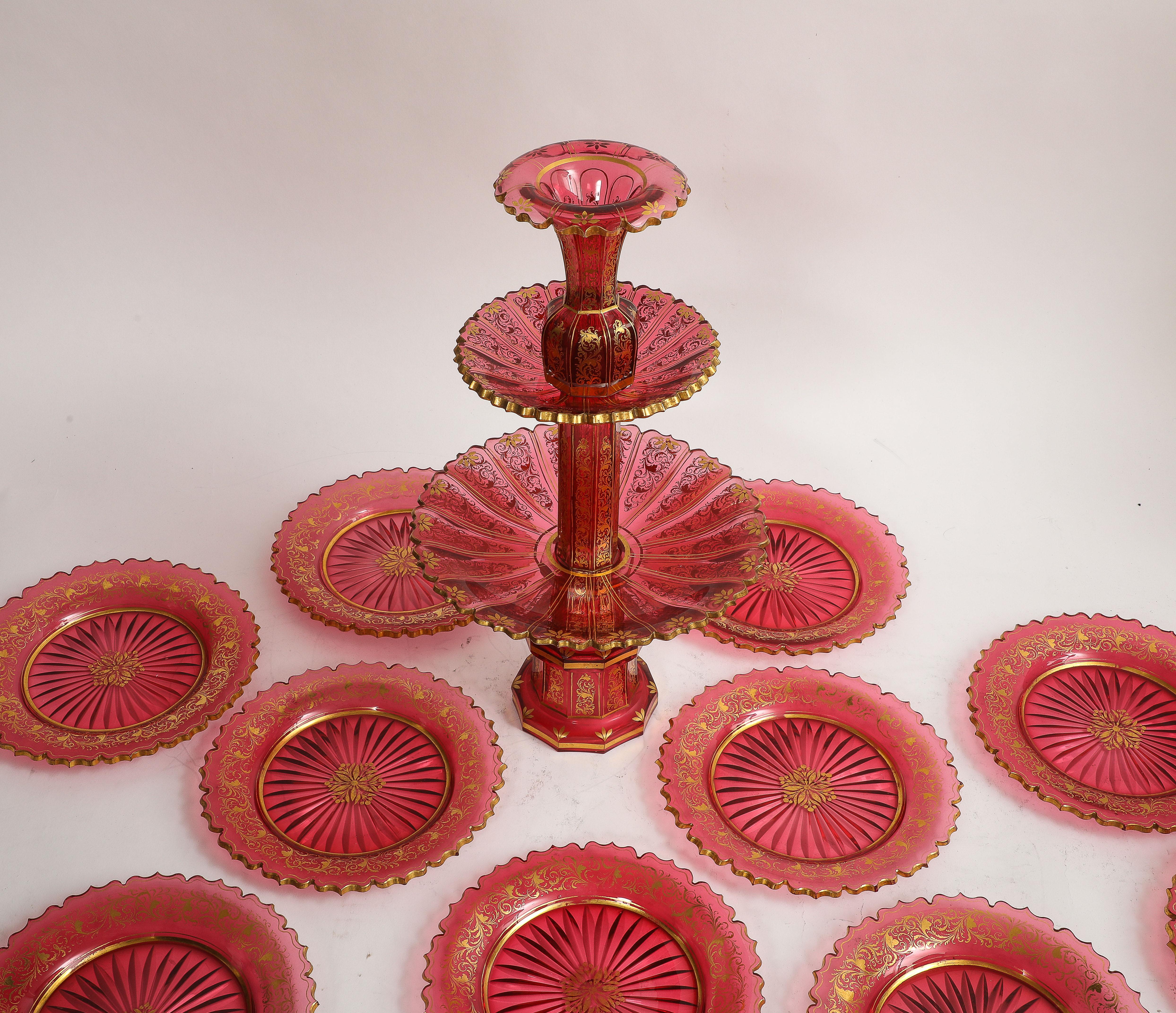 French 11 Piece Baccarat Cranberry-Red Crystal 2-Tier Cake Stand with Matching Plates For Sale