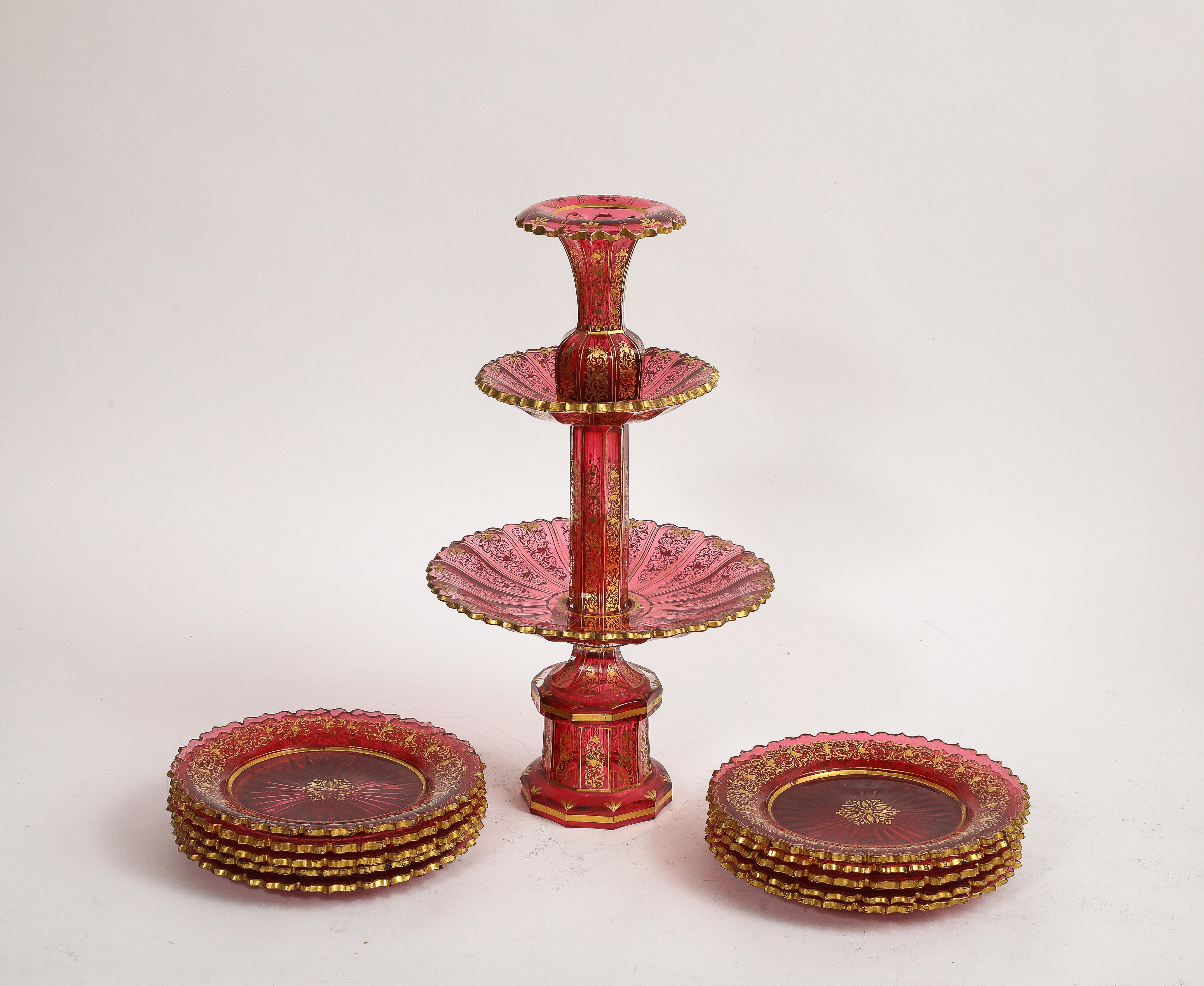Hand-Crafted 11 Piece Baccarat Cranberry-Red Crystal 2-Tier Cake Stand with Matching Plates For Sale