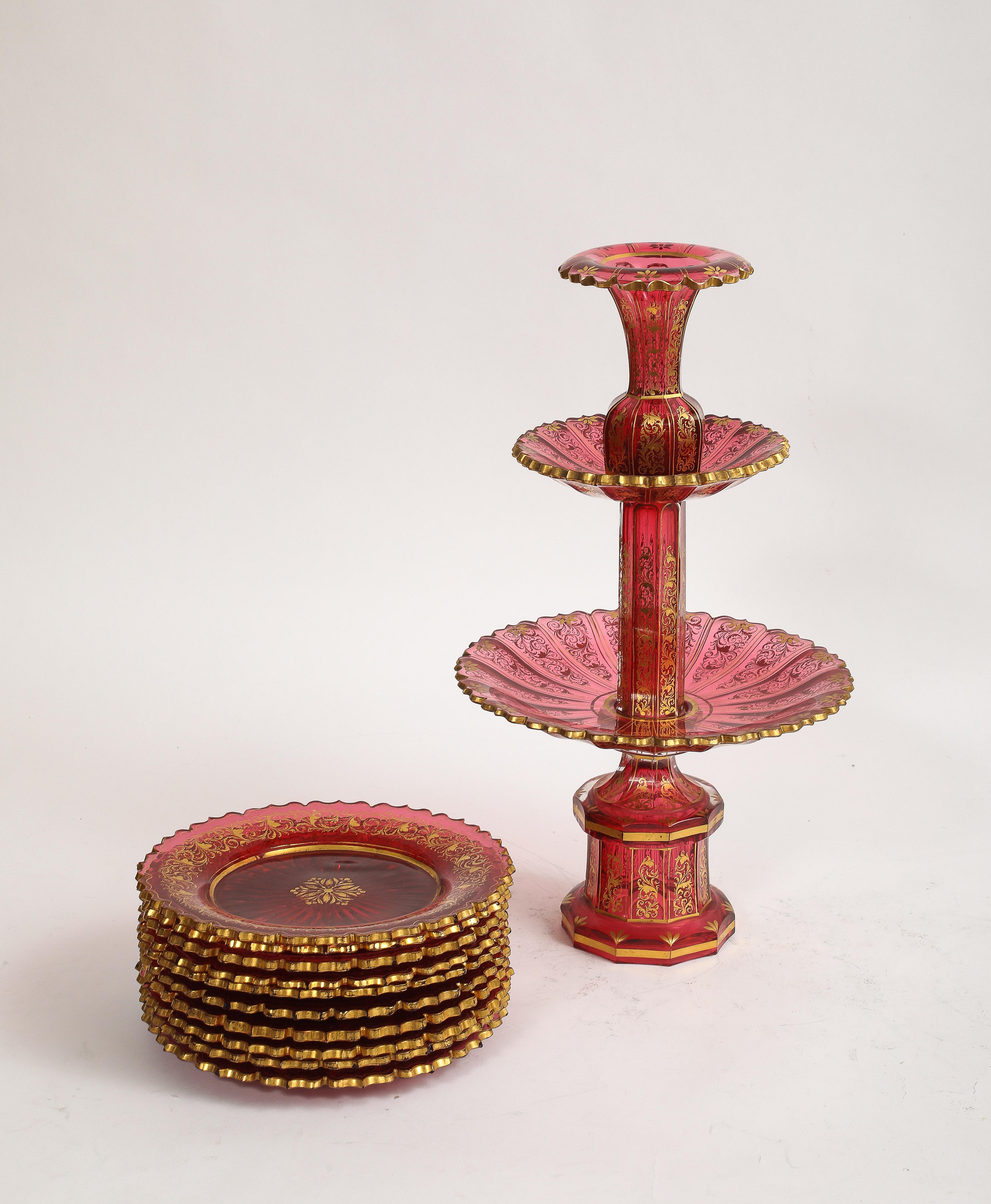 11 Piece Baccarat Cranberry-Red Crystal 2-Tier Cake Stand with Matching Plates In Good Condition For Sale In New York, NY