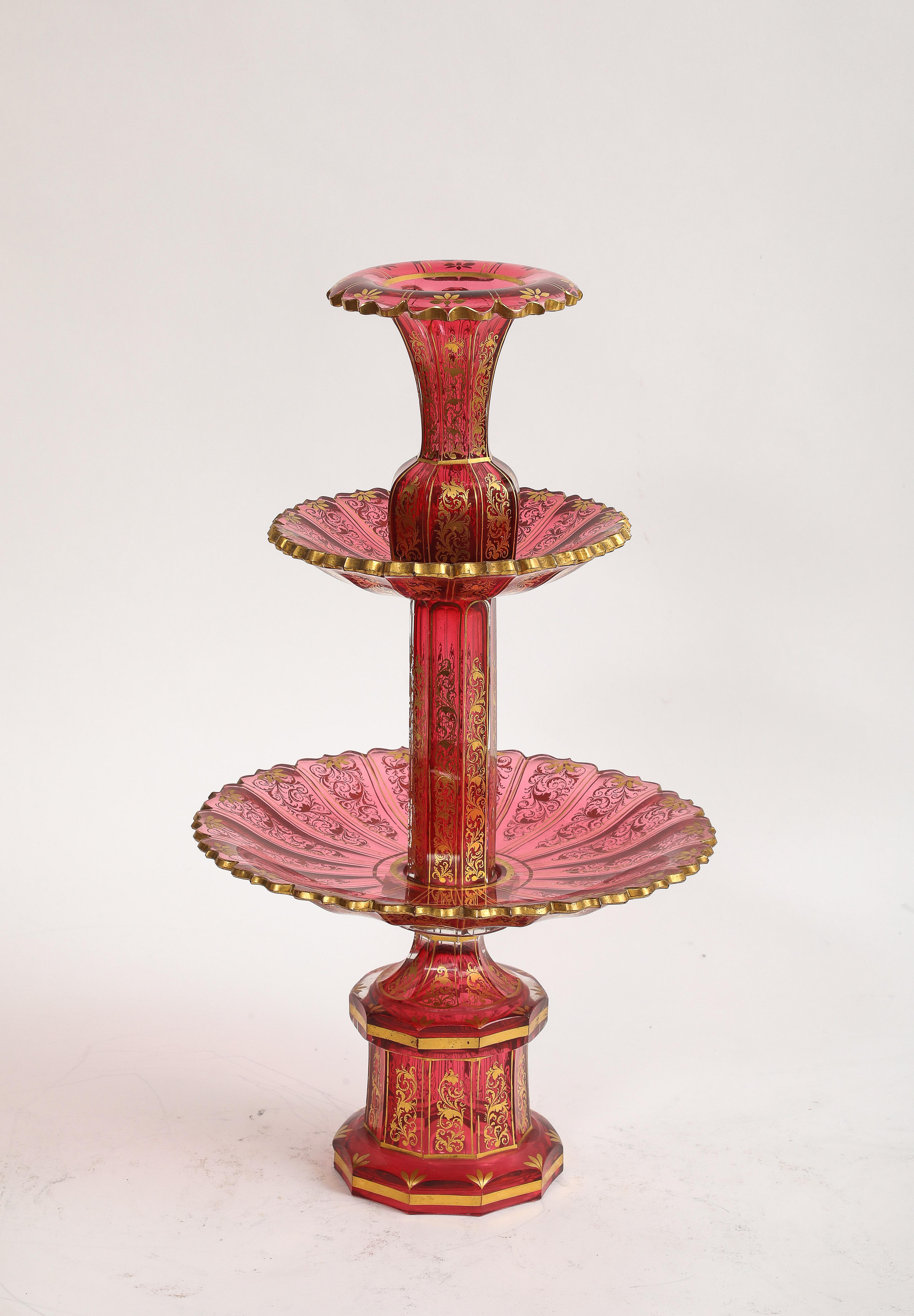 Late 19th Century 11 Piece Baccarat Cranberry-Red Crystal 2-Tier Cake Stand with Matching Plates For Sale