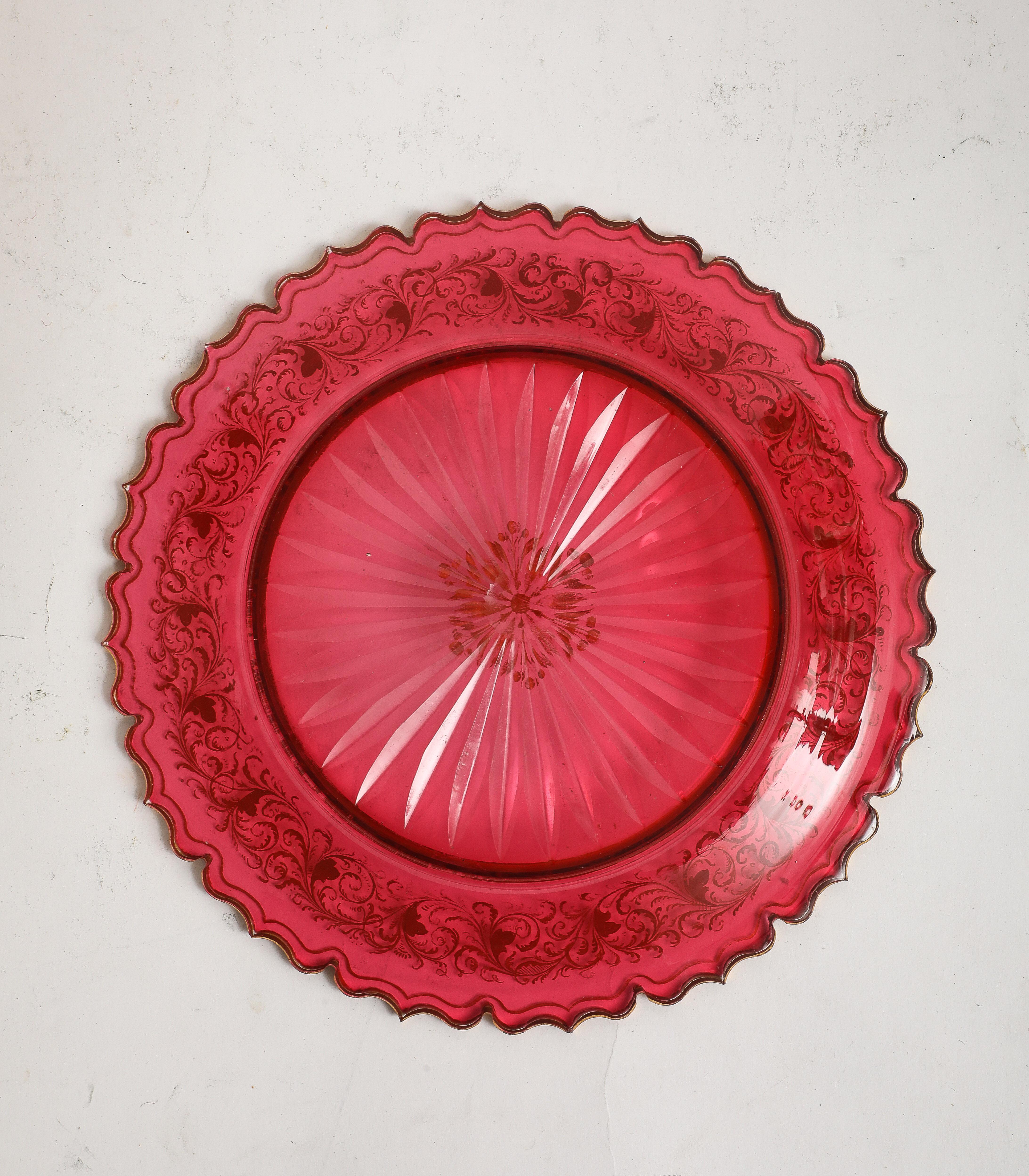 11 Piece Baccarat Cranberry-Red Crystal 2-Tier Cake Stand with Matching Plates For Sale 2