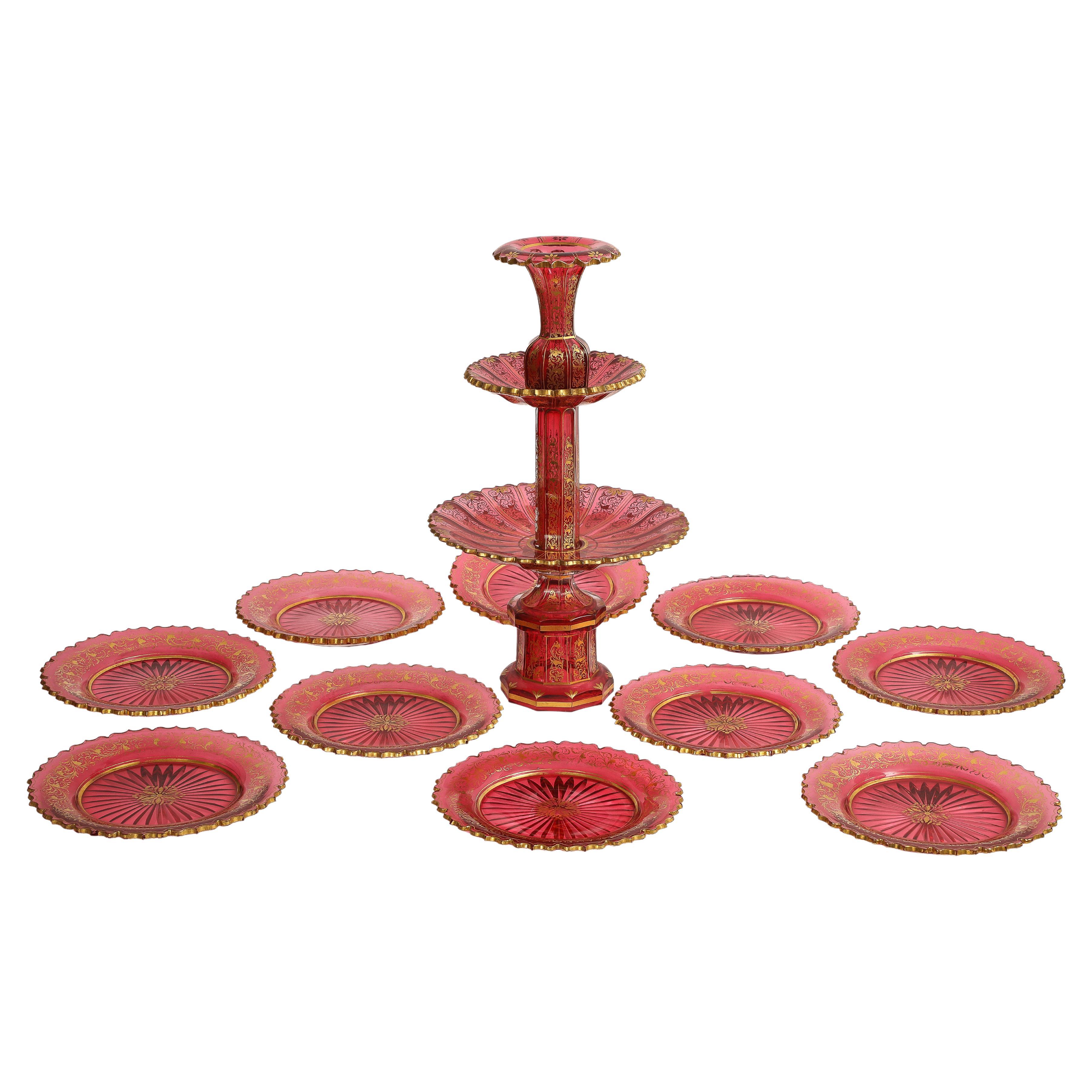 11 Piece Baccarat Cranberry-Red Crystal 2-Tier Cake Stand with Matching Plates For Sale