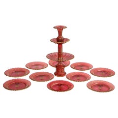 11 Piece Baccarat Cranberry-Red Crystal 2-Tier Cake Stand with Matching Plates