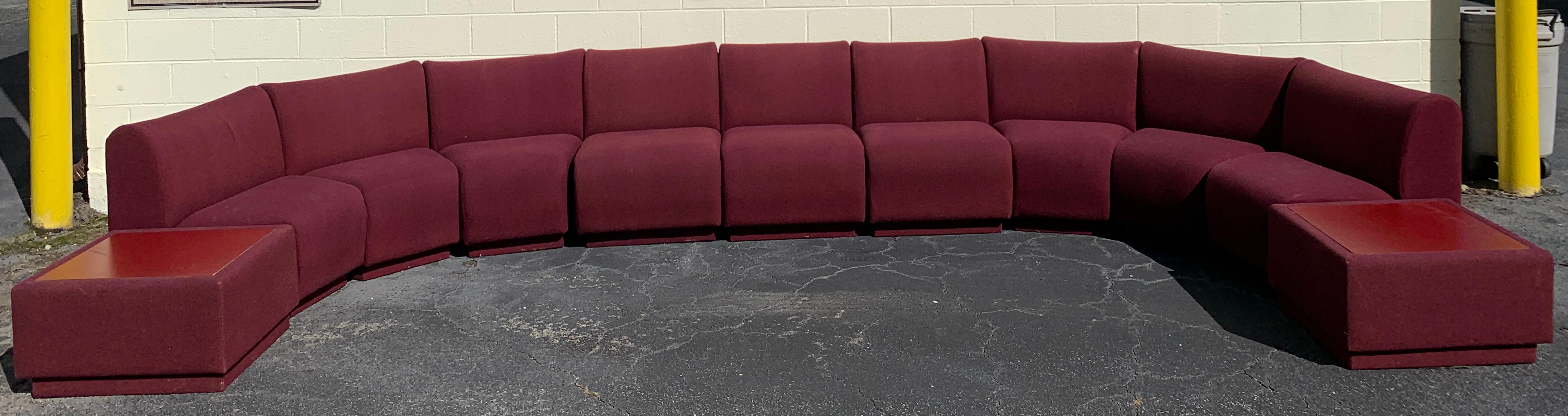 11-piece modular living room, attributed to Milo Baughman for Thayer Coggin, Consisting of 9 interchangeable seats
and two end/coffee tables
Consisting of 6 modular curved upholstered units and 3 straight units, complete with two end/coffee