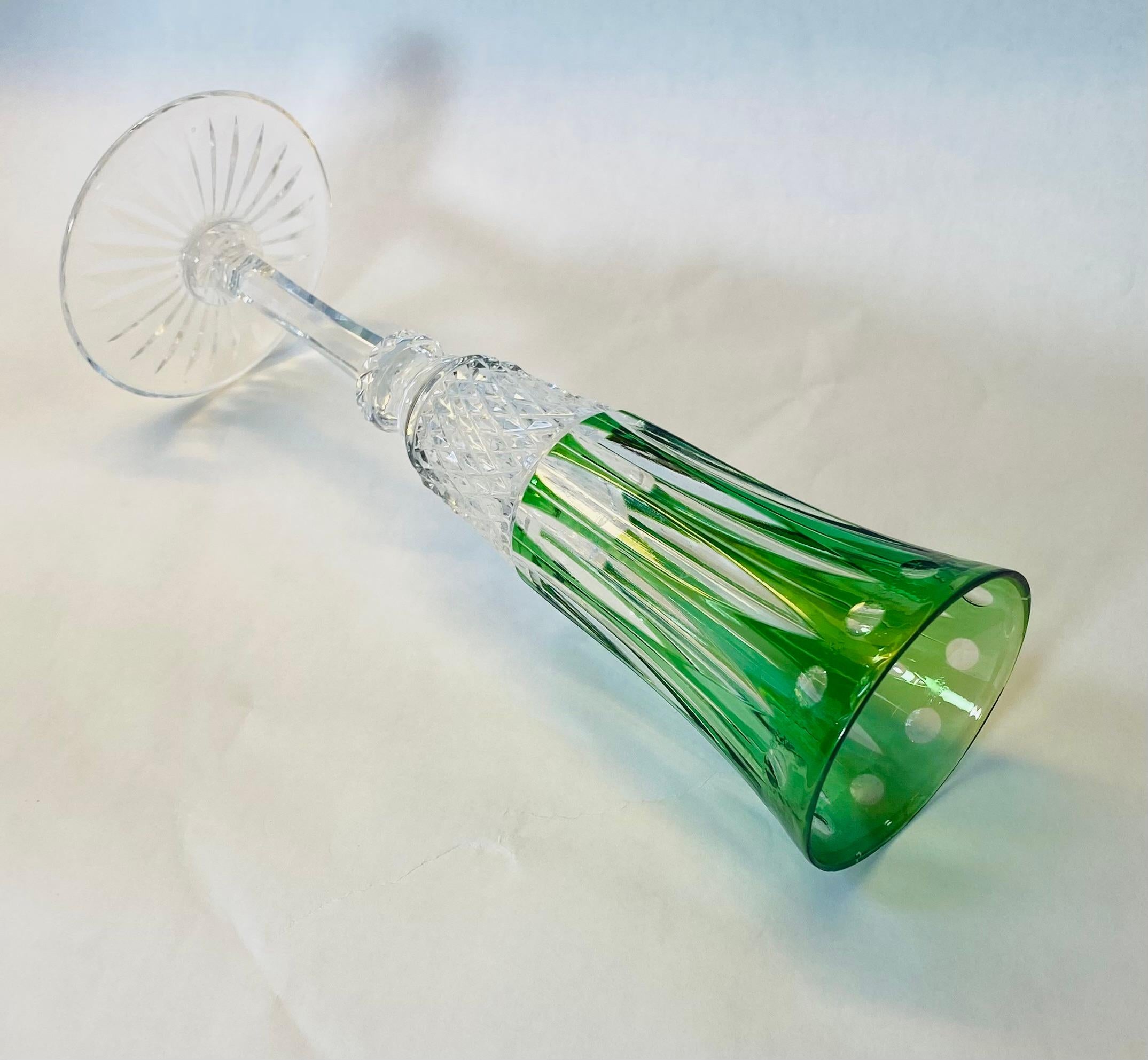 Hand-Crafted 11 Saint Louis “Tommy” Green Cut Crystal Flute Champagne Glasses Vintage For Sale
