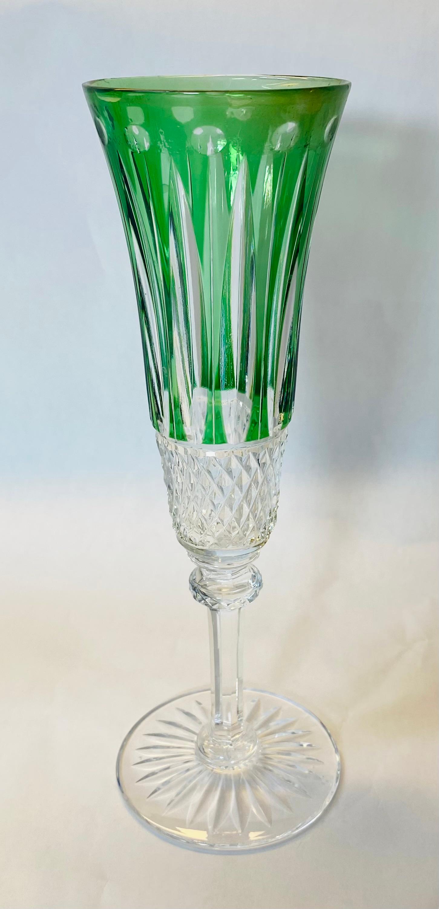 Mid-20th Century 11 Saint Louis “Tommy” Green Cut Crystal Flute Champagne Glasses Vintage For Sale