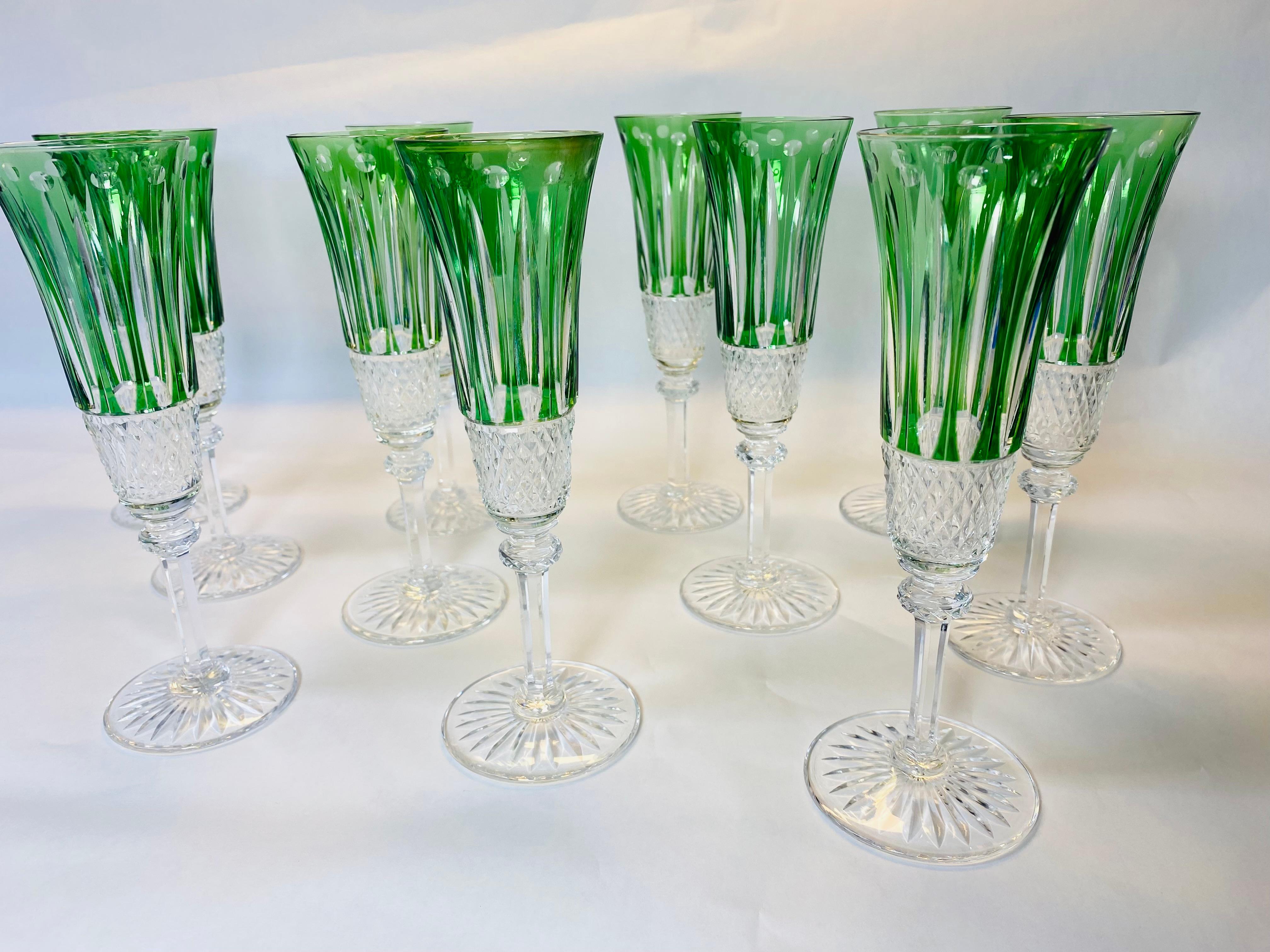 11 Saint Louis “Tommy” Green Cut Crystal Flute Champagne Glasses Vintage For Sale 1