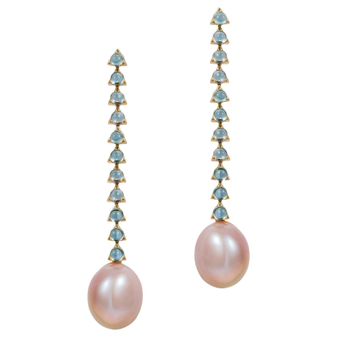 11 3mm Stone Modern Minimal Baroque Pearl Earrings, 18K Gold, Swiss Blue Topaz