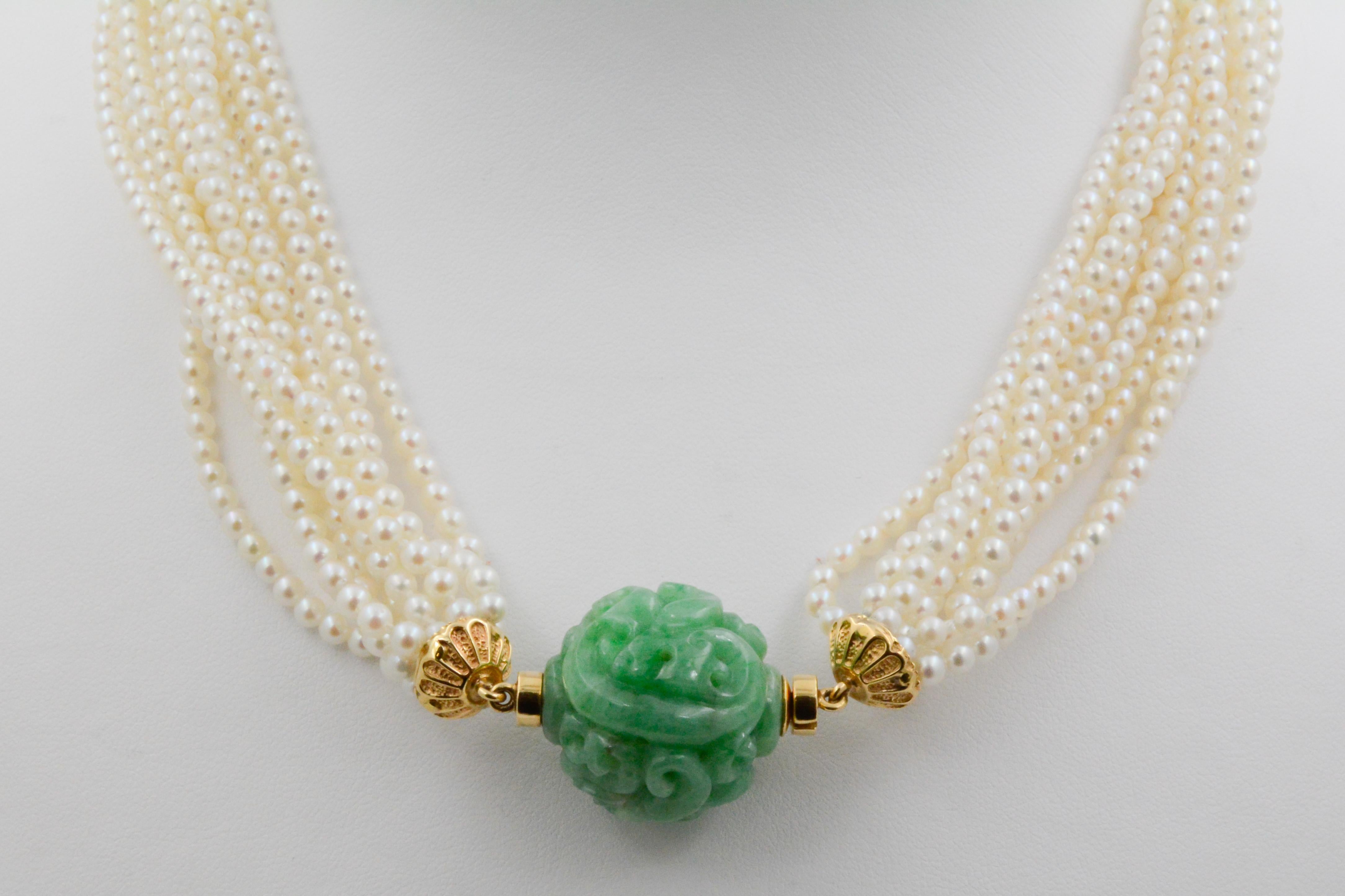 11-Strand Akoya Pearl and Carved Jadeite 18 Karat Yellow Gold Necklace 4