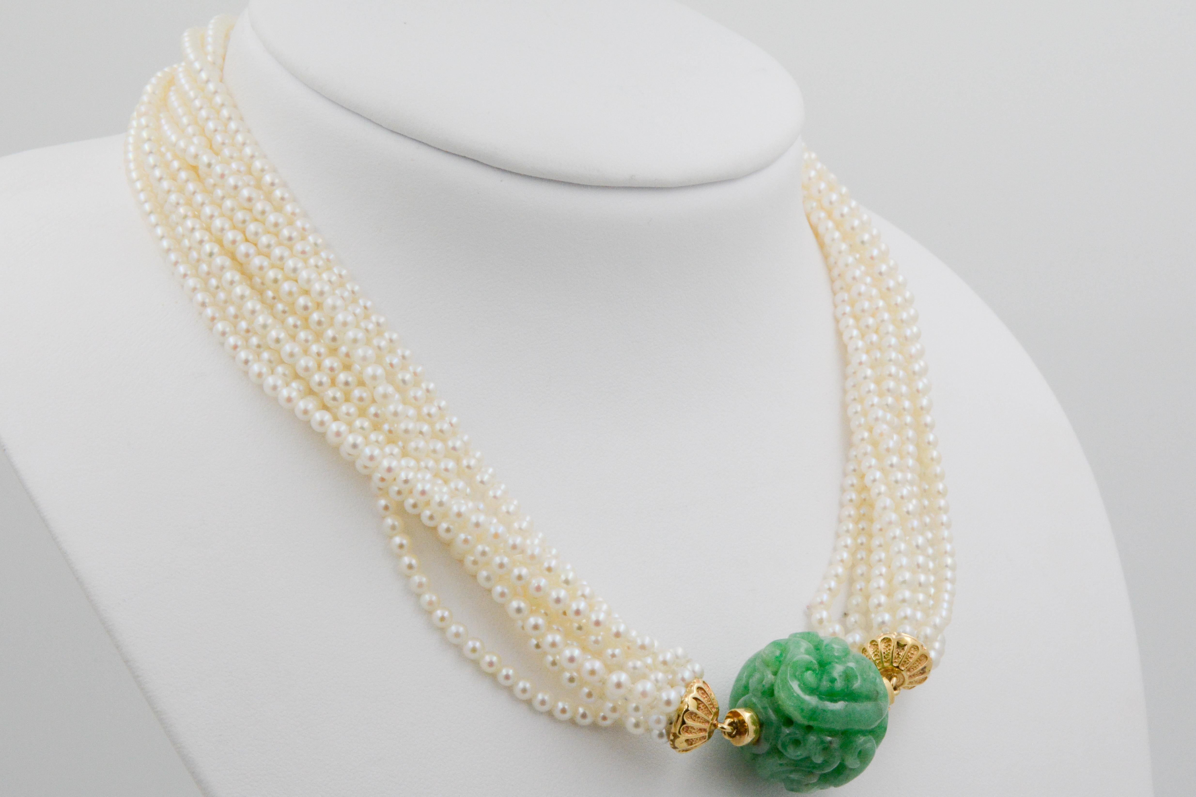 Modern 11-Strand Akoya Pearl and Carved Jadeite 18 Karat Yellow Gold Necklace