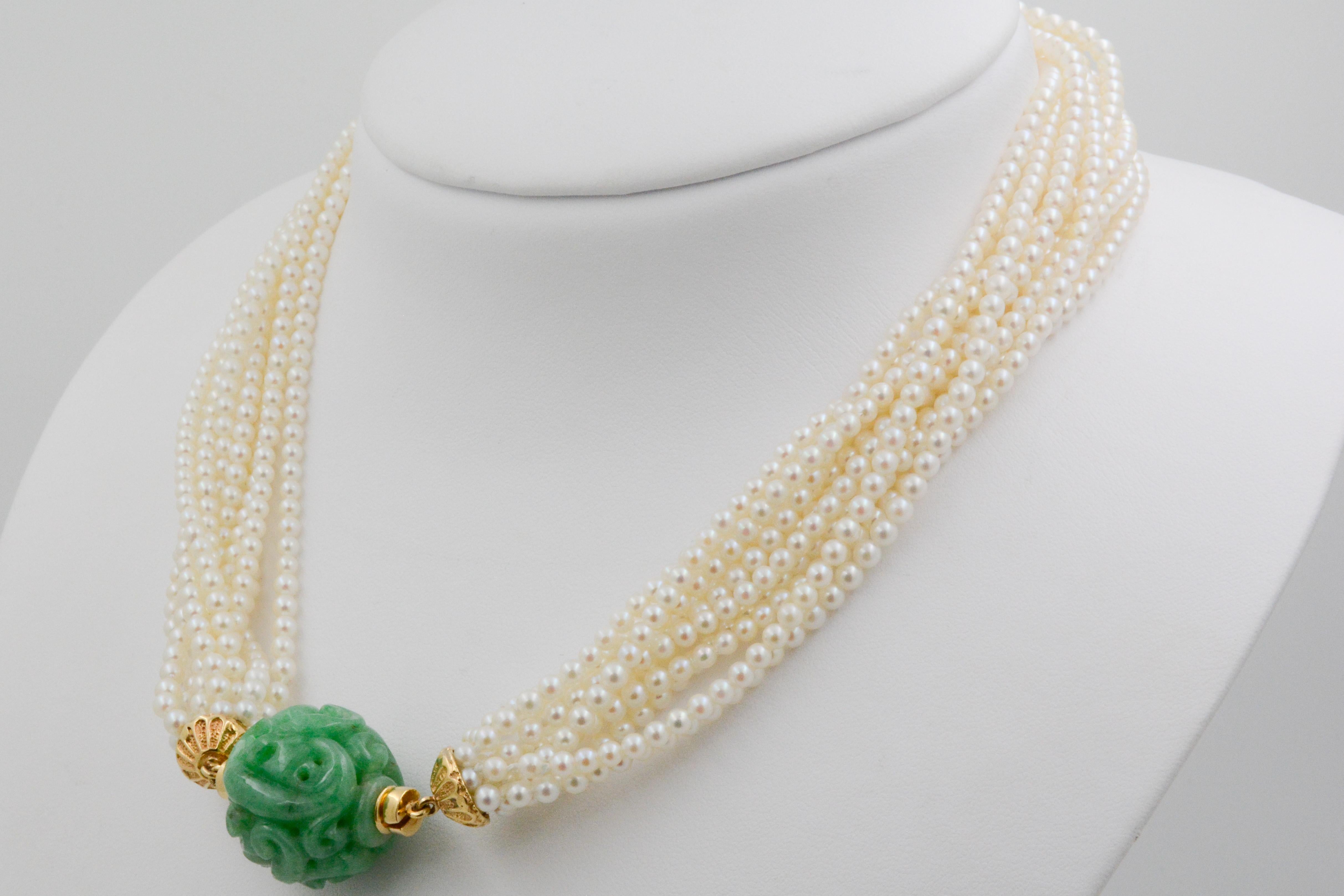 Round Cut 11-Strand Akoya Pearl and Carved Jadeite 18 Karat Yellow Gold Necklace