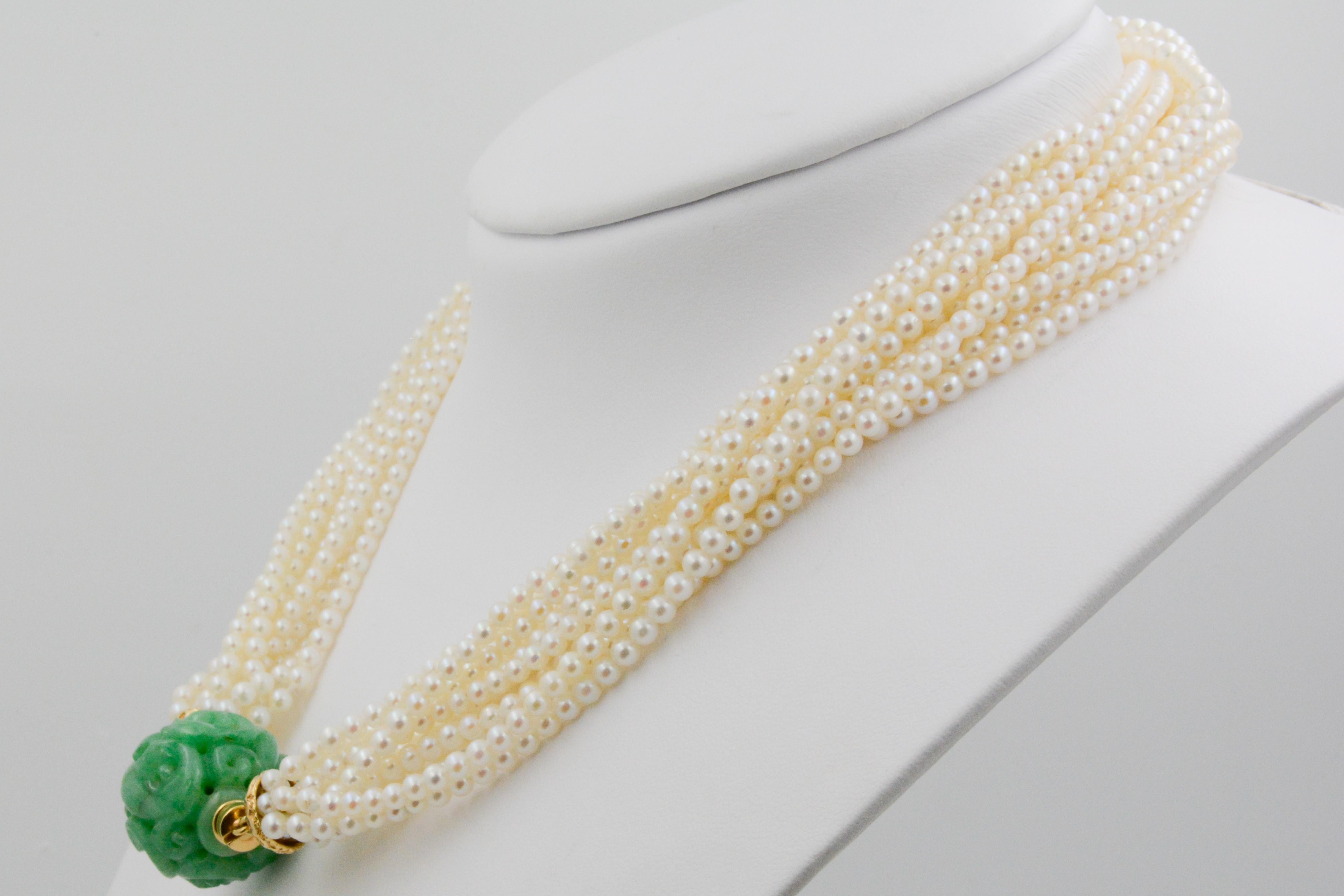 Women's 11-Strand Akoya Pearl and Carved Jadeite 18 Karat Yellow Gold Necklace