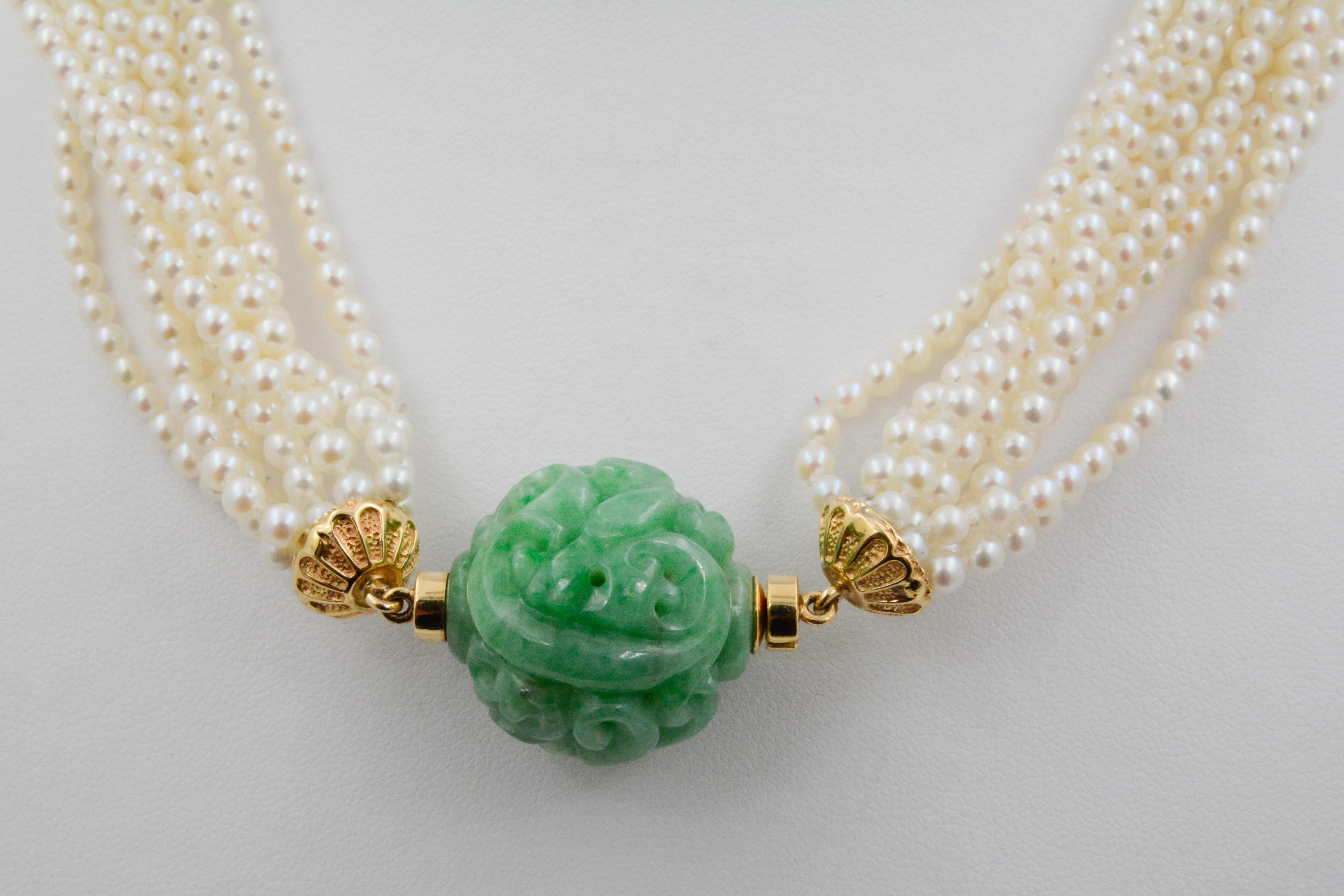 11-Strand Akoya Pearl and Carved Jadeite 18 Karat Yellow Gold Necklace 1