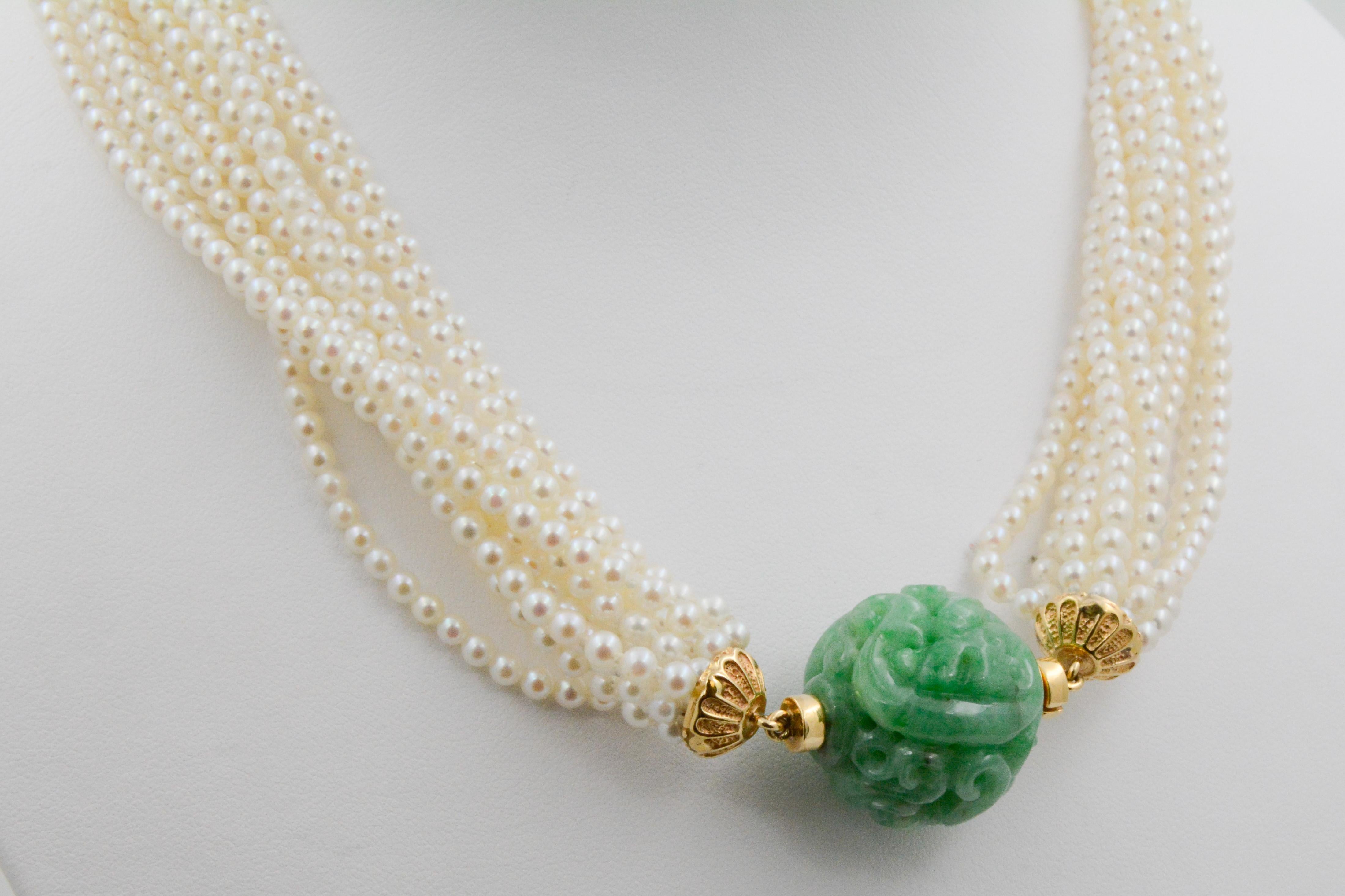 11-Strand Akoya Pearl and Carved Jadeite 18 Karat Yellow Gold Necklace 3