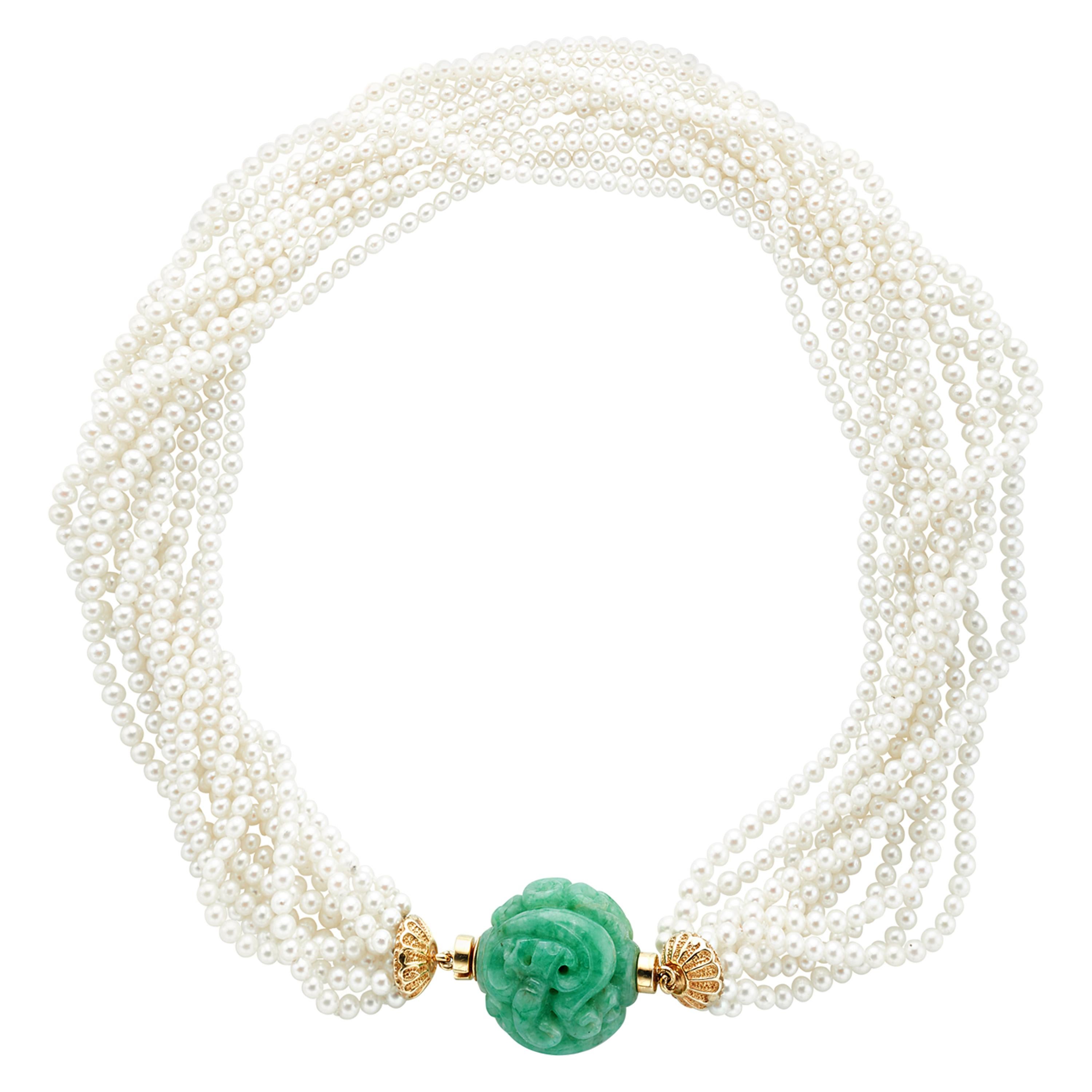 11-Strand Akoya Pearl and Carved Jadeite 18 Karat Yellow Gold Necklace