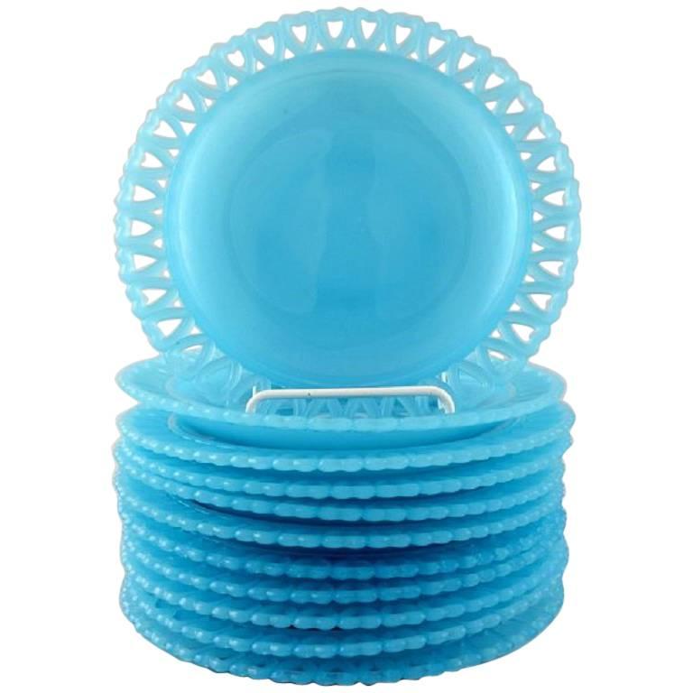 11 Swedish Design Plates in Turquoise Art Glass, Pierced Edge at