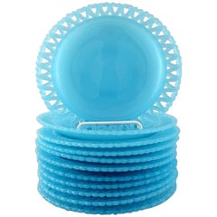 11 Swedish Design Plates in Turquoise Art Glass, Pierced Edge