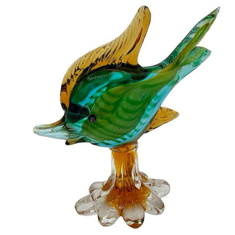 Mid-Century moderno Scultura di pesce angelo in vetro veneziano multicolore alta 11