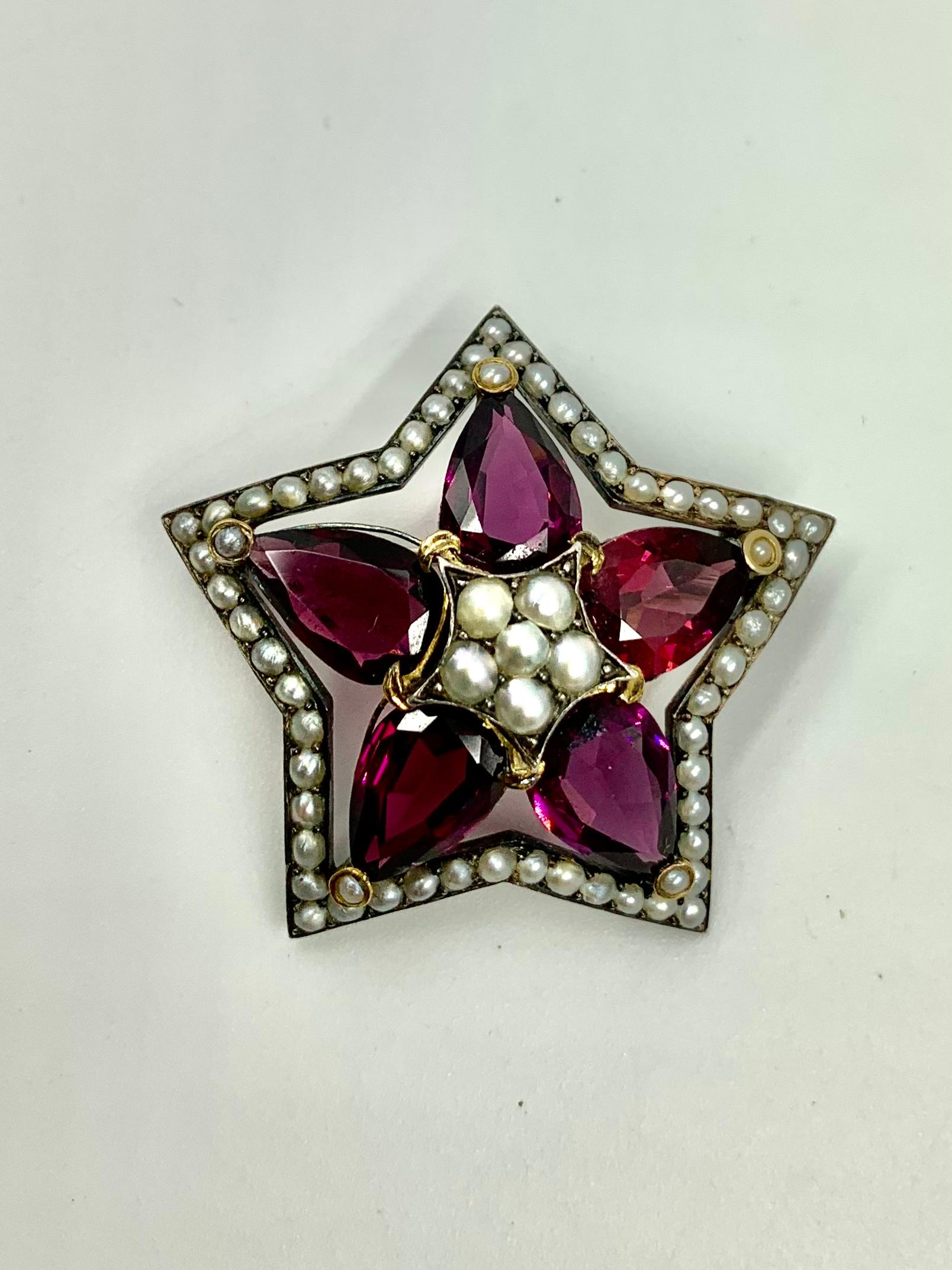 Grande broche étoile en or 18 carats, argent et perles avec grenat rhodolite en forme de poire 11 TCW en vente 6