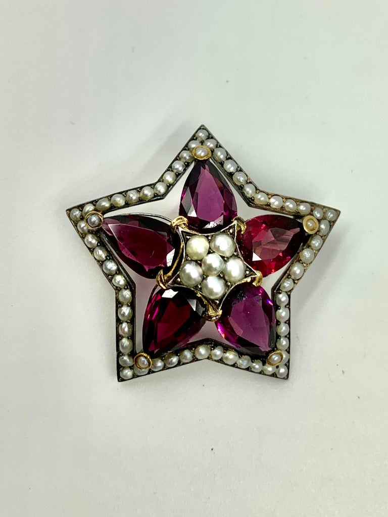 11 TCW Large Pear Shaped Rhodolite Garnet 18K Gold, Silver, Pearl Star ...