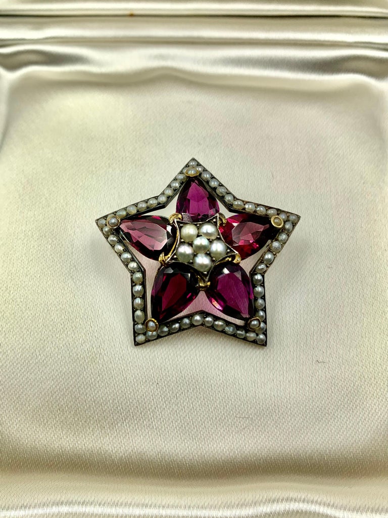 11 TCW Large Pear Shaped Rhodolite Garnet 18K Gold, Silver, Pearl Star ...