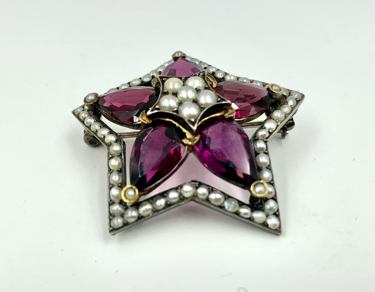 11 TCW Large Pear Shaped Rhodolite Garnet 18K Gold, Silver, Pearl Star ...