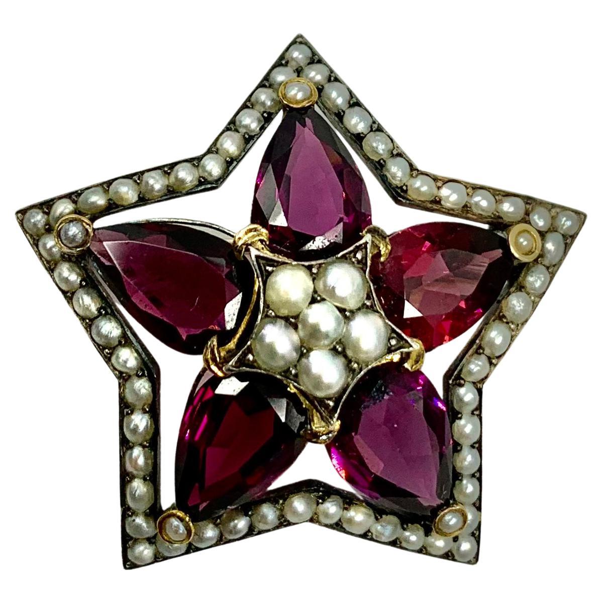 Grande broche étoile en or 18 carats, argent et perles avec grenat rhodolite en forme de poire 11 TCW en vente