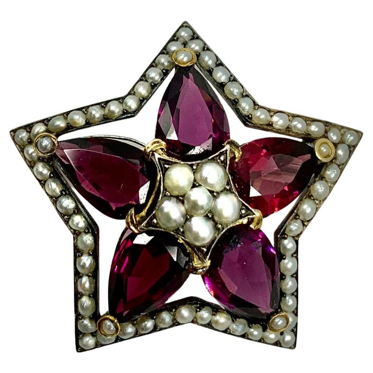 11 TCW Large Pear Shaped Rhodolite Garnet 18K Gold, Silver, Pearl Star ...