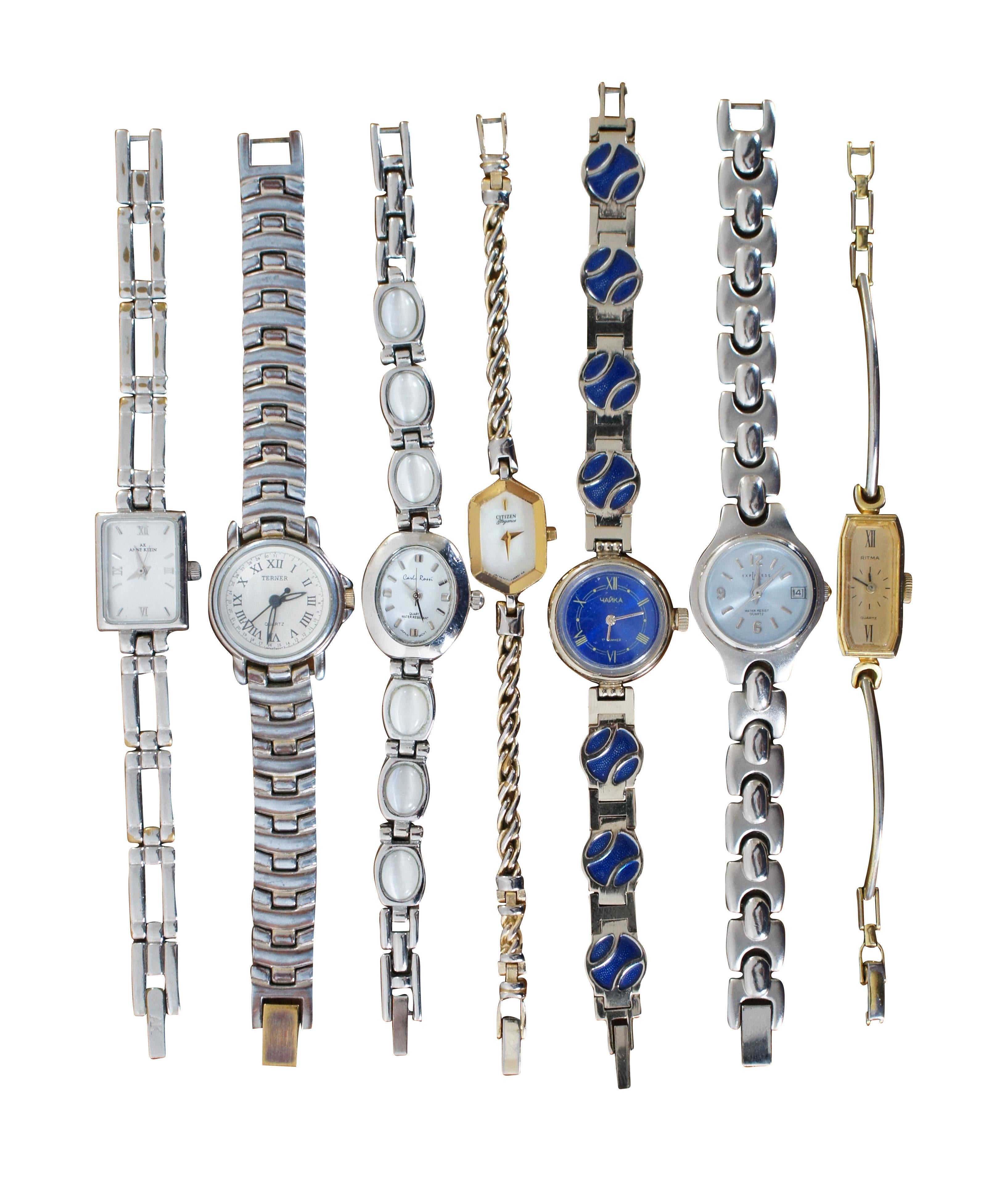 Lot of 11 vintage ladies watches, ten standard wrist watches and one clip on watch. Lot includes Bijou Terner, K-2853L; Anne Klein, 10/4737; Carlo Rossi; Citizen Watch Co. Elegance, 5421-F41841 YO, 1050865; ЧАЙКА (Cajka); LA Express, LAX1336, 012,