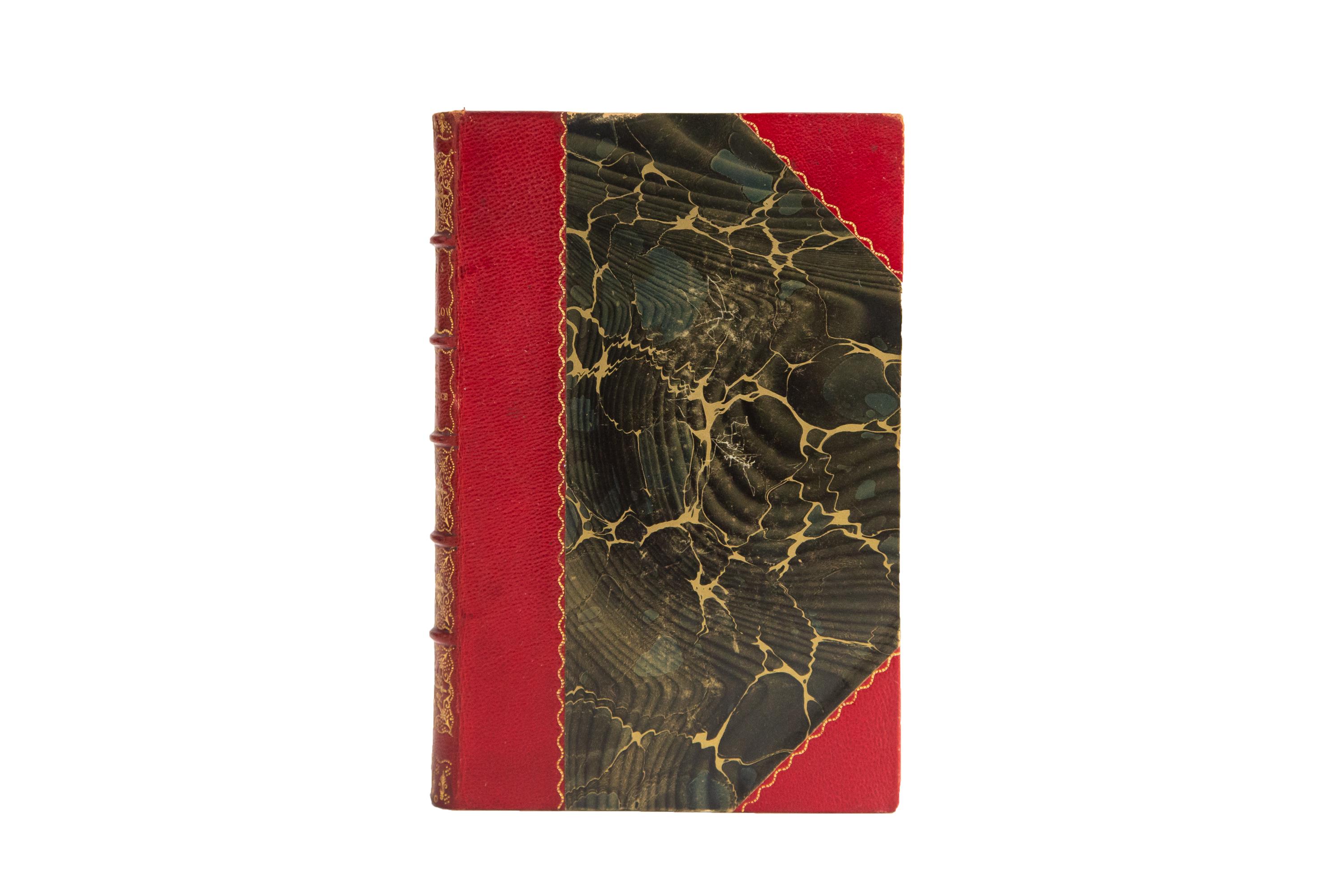 11 Volumes. Henry Wadsworth Longfellow, The Complete Poetical Works. Riverside Edition. Bound in 3/4 red morocco and marbled boards, bordered in gilt-tooling. Raised bands with panels displaying ornate floral gilt-tooling and gilt-label lettering.