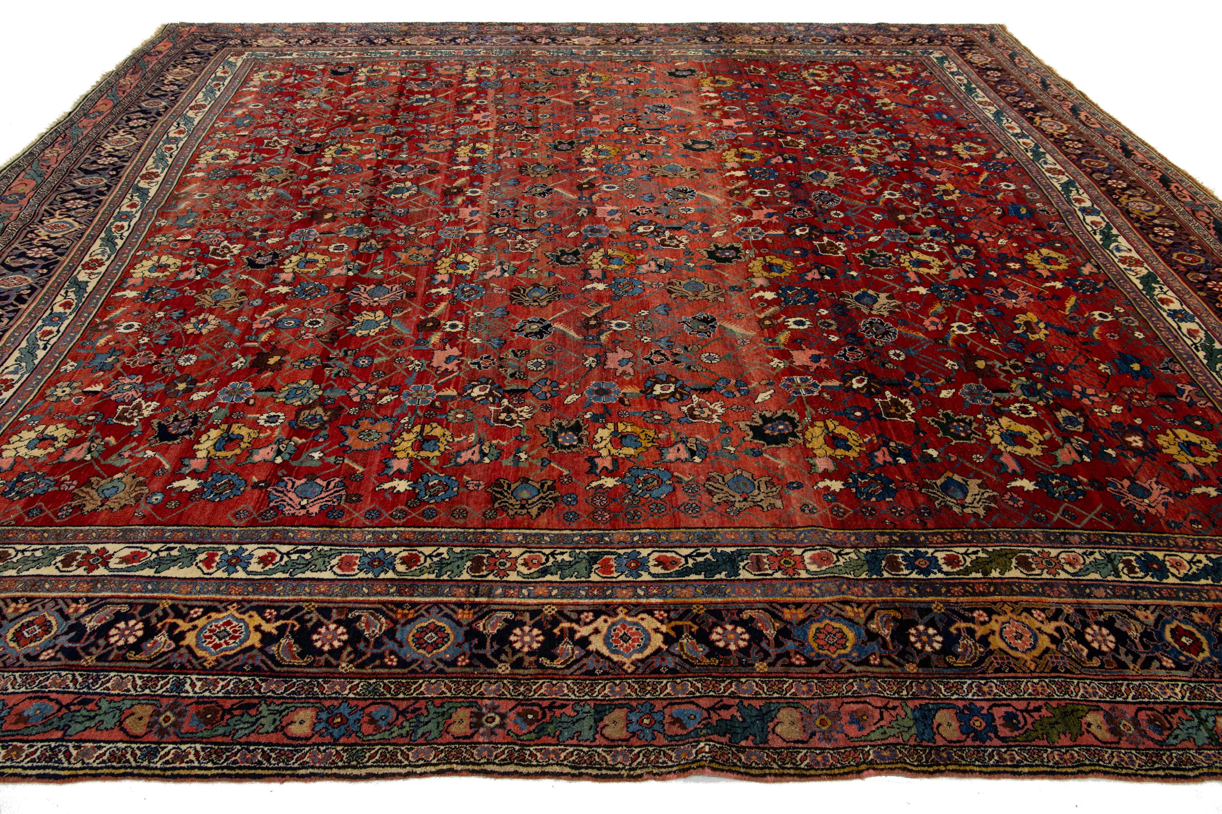 11 x 12 Antike Bidjar Handmade Allover rote Wolle Teppich zurück aus den 1890er Jahren (Frühes 20. Jahrhundert) im Angebot