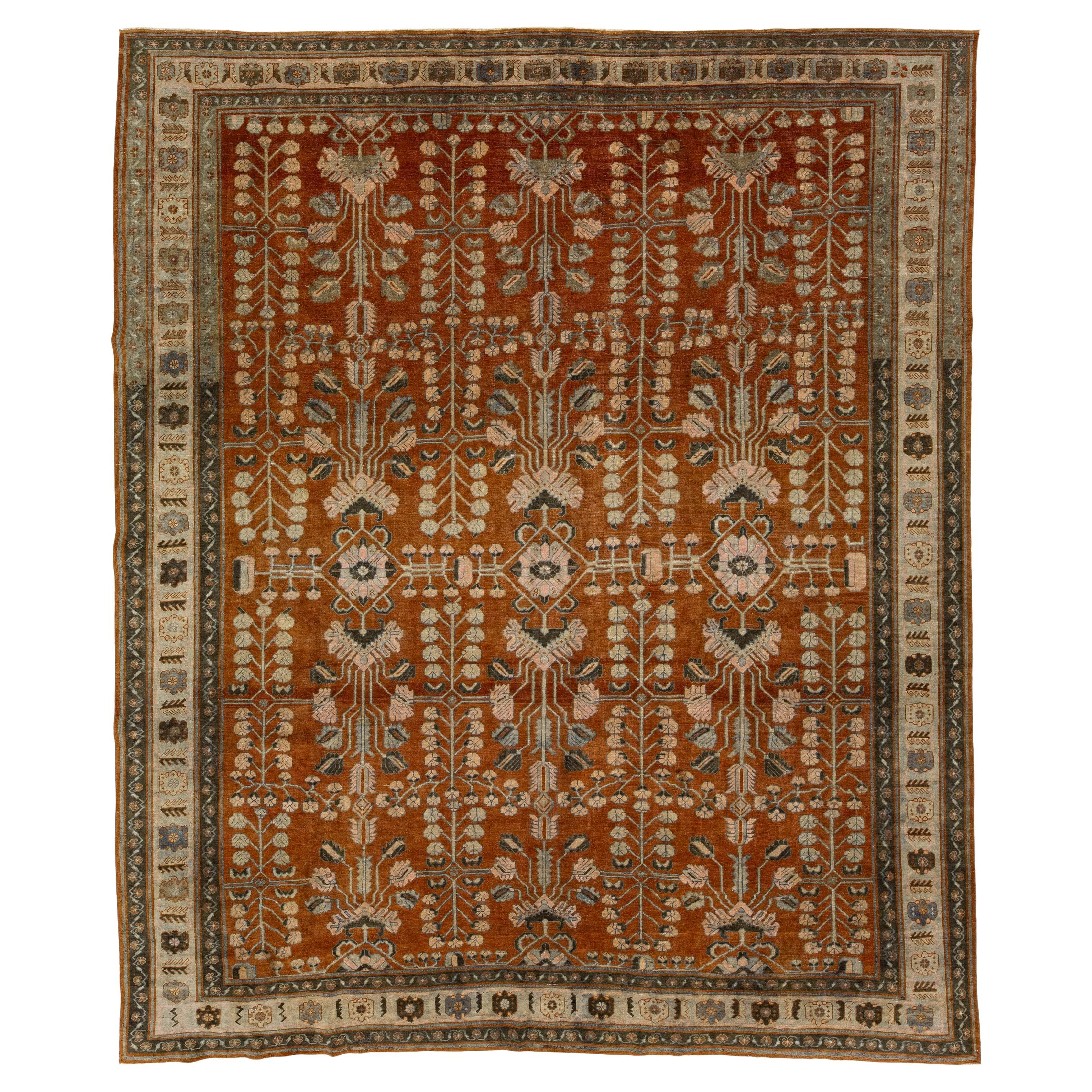 11 x 13 Authentique tapis ancien en laine tribale Bakhtiari à motifs floraux Terracotta