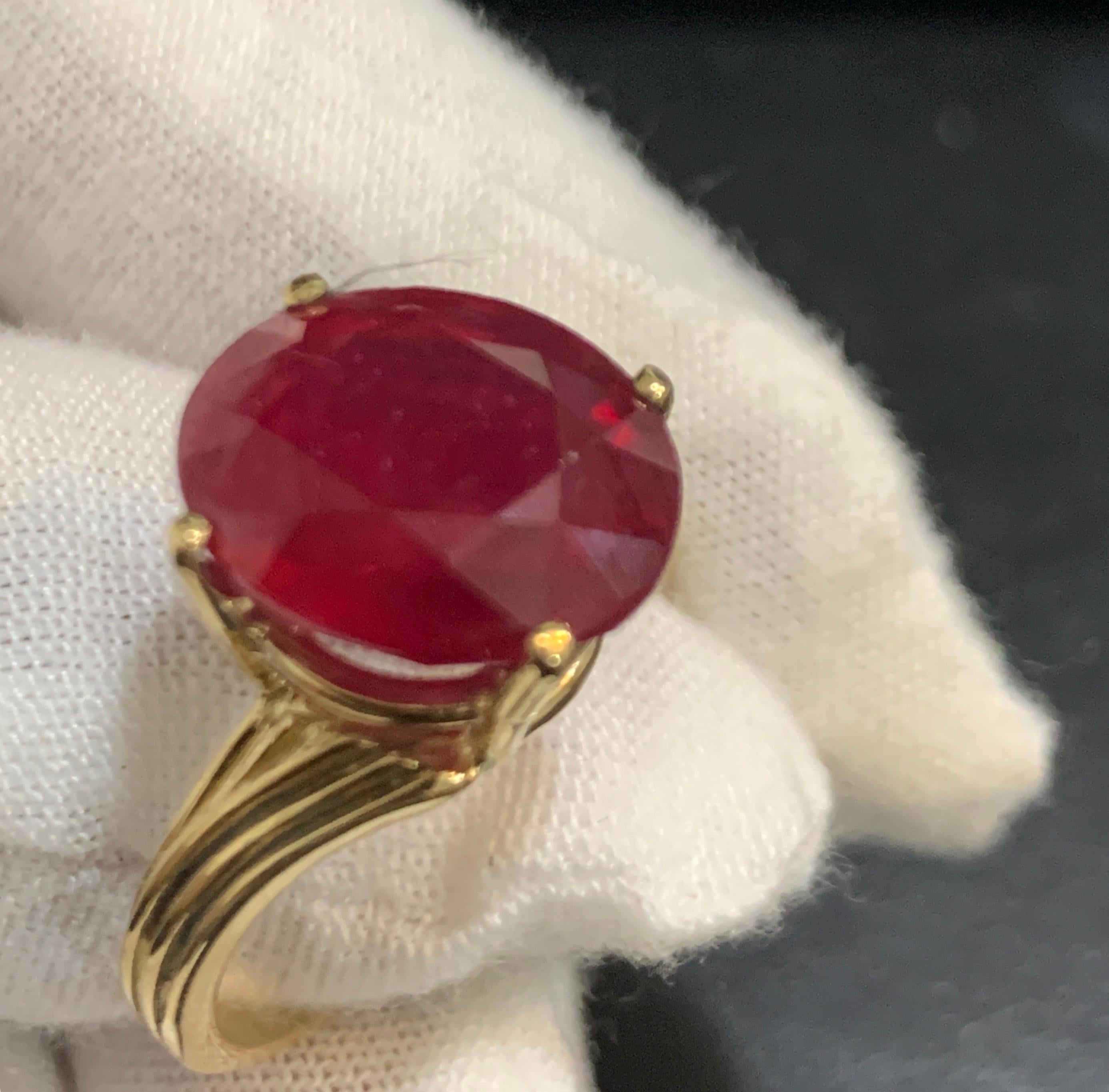 11 X 13 Oval  Cut  7 Carat Treated Ruby  14 Karat Yellow Gold Ring Size 8.5
12X10 MM approximately 7 Ct
Its a treated ruby
 prong set
14 Karat Yellow Gold: 5.2  gram
Ring Size 8.5 ( can be altered for no charge )
Simple ring for the people  who