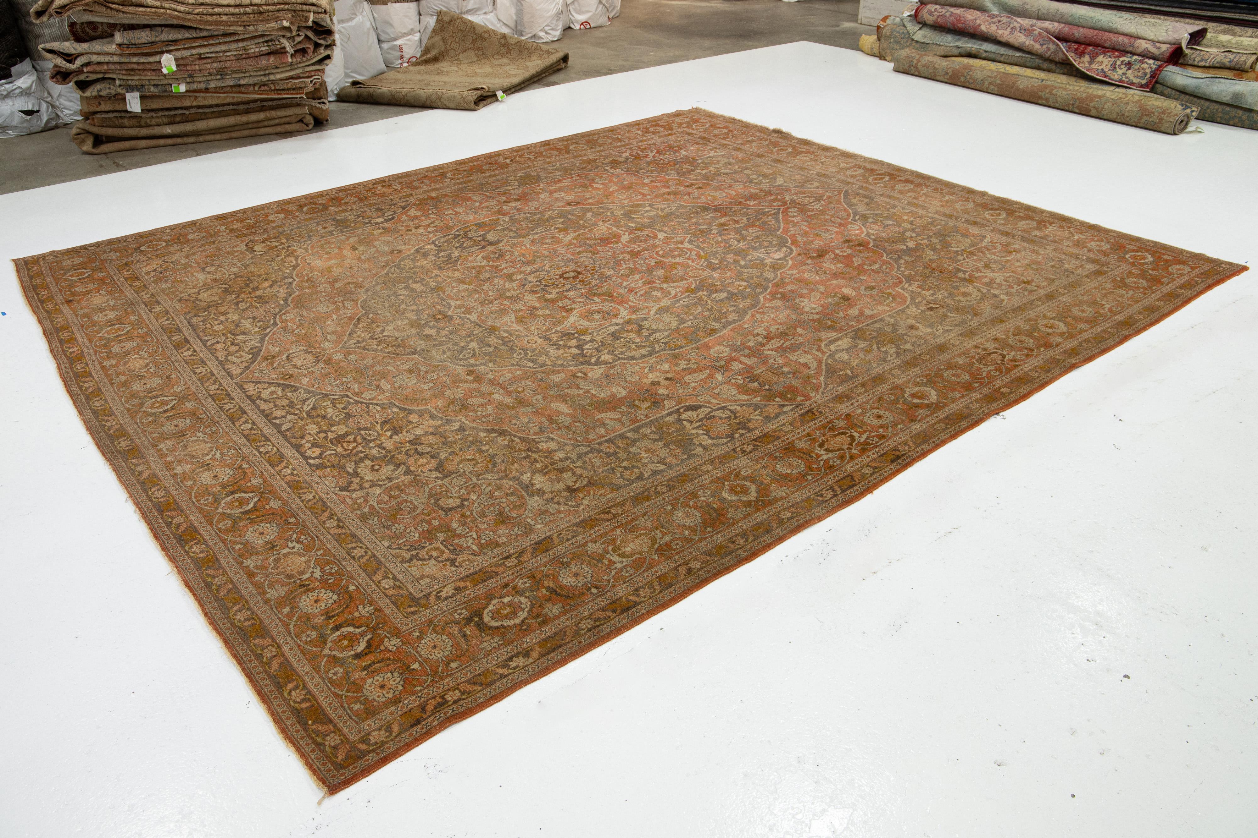 Hand-Knotted 11 X 13 Rust Handmade Tabriz Wool Rug Medallion Design For Sale