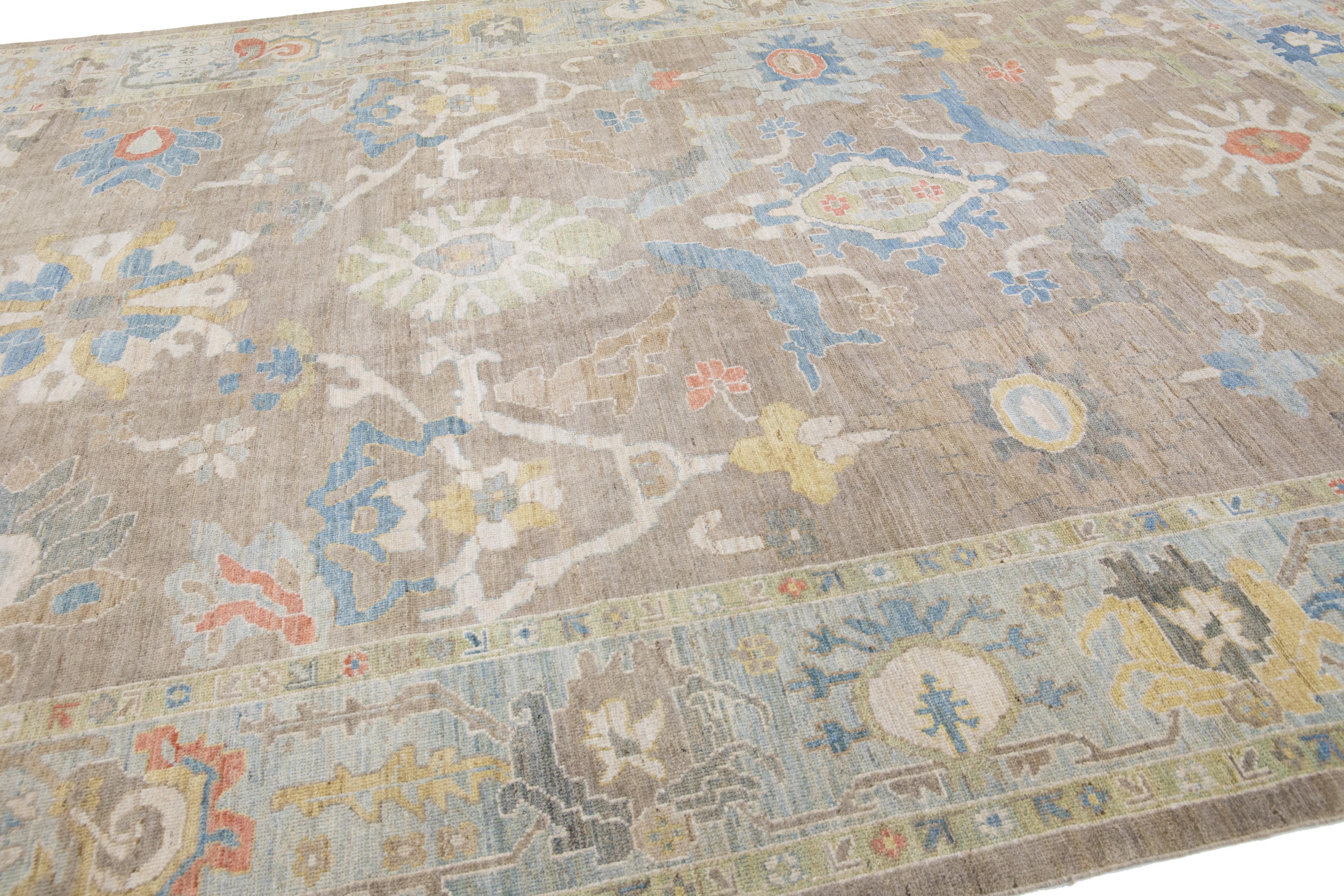 Persian 11 x 14 Modern Designed Sultanabad Wool Rug Handmade In Warm Beige For Sale