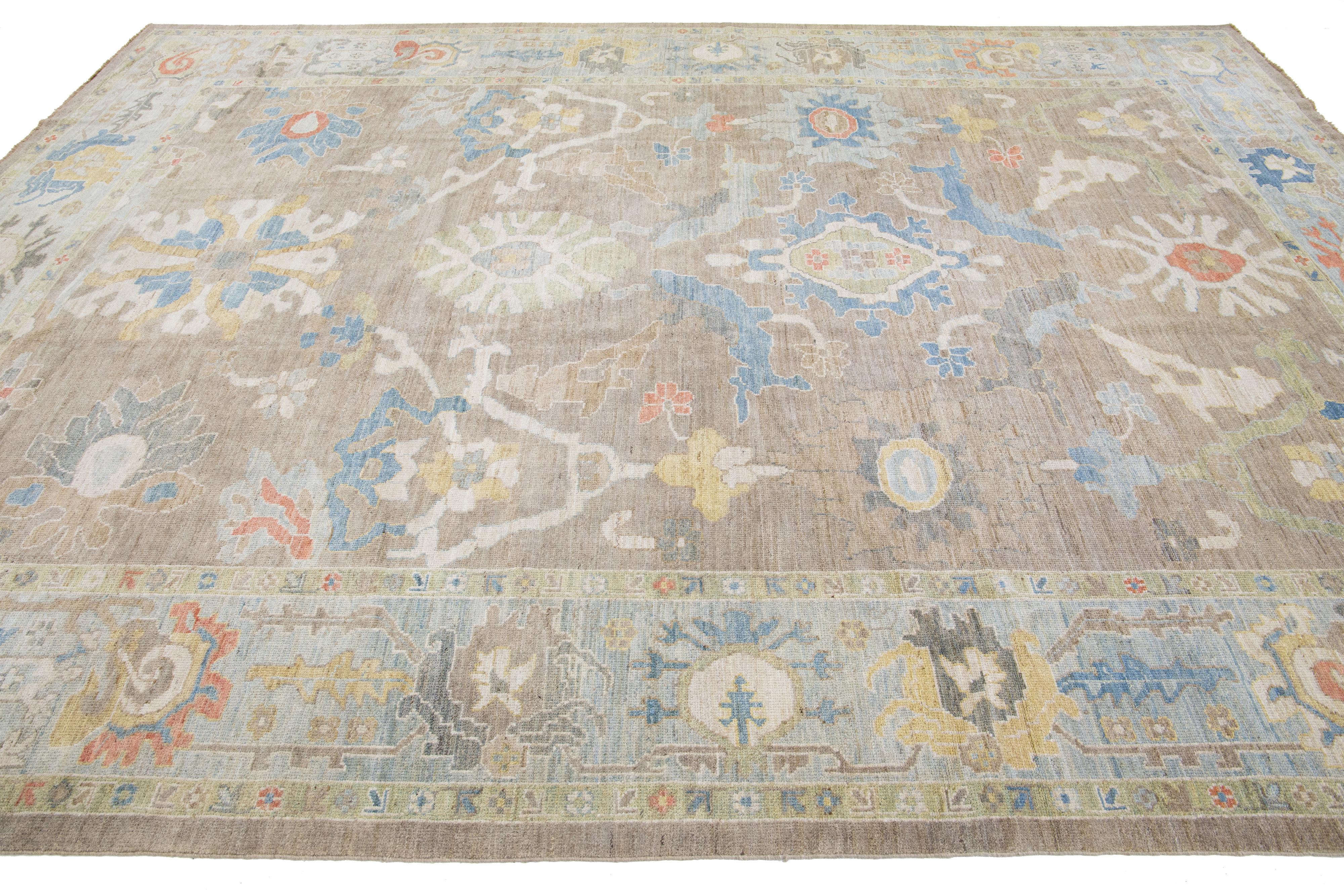 Hand-Knotted 11 x 14 Modern Designed Sultanabad Wool Rug Handmade In Warm Beige For Sale